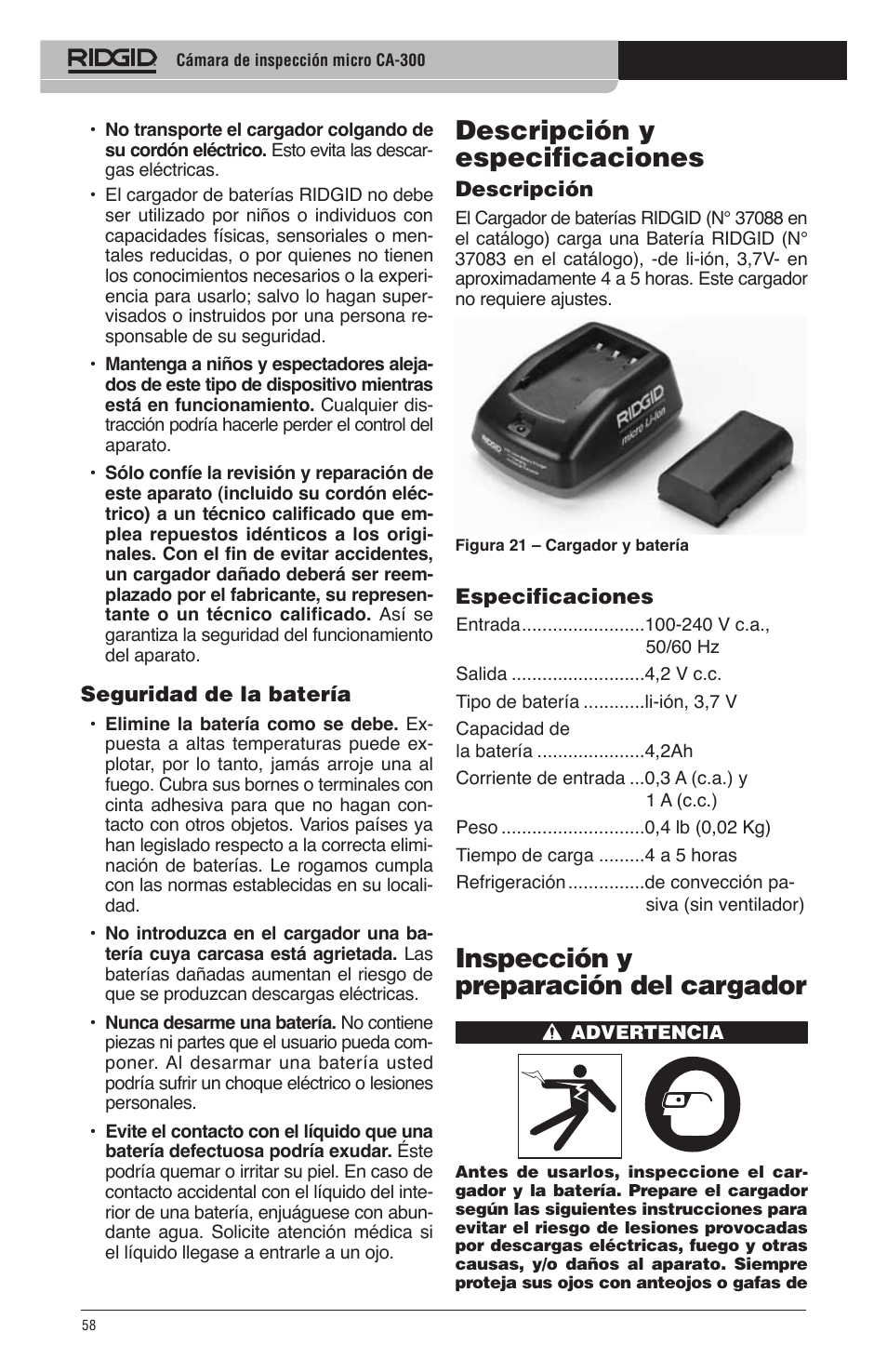 Descripción y especificaciones, Inspección y preparación del cargador | RIDGID micro CA-300 User Manual | Page 60 / 472