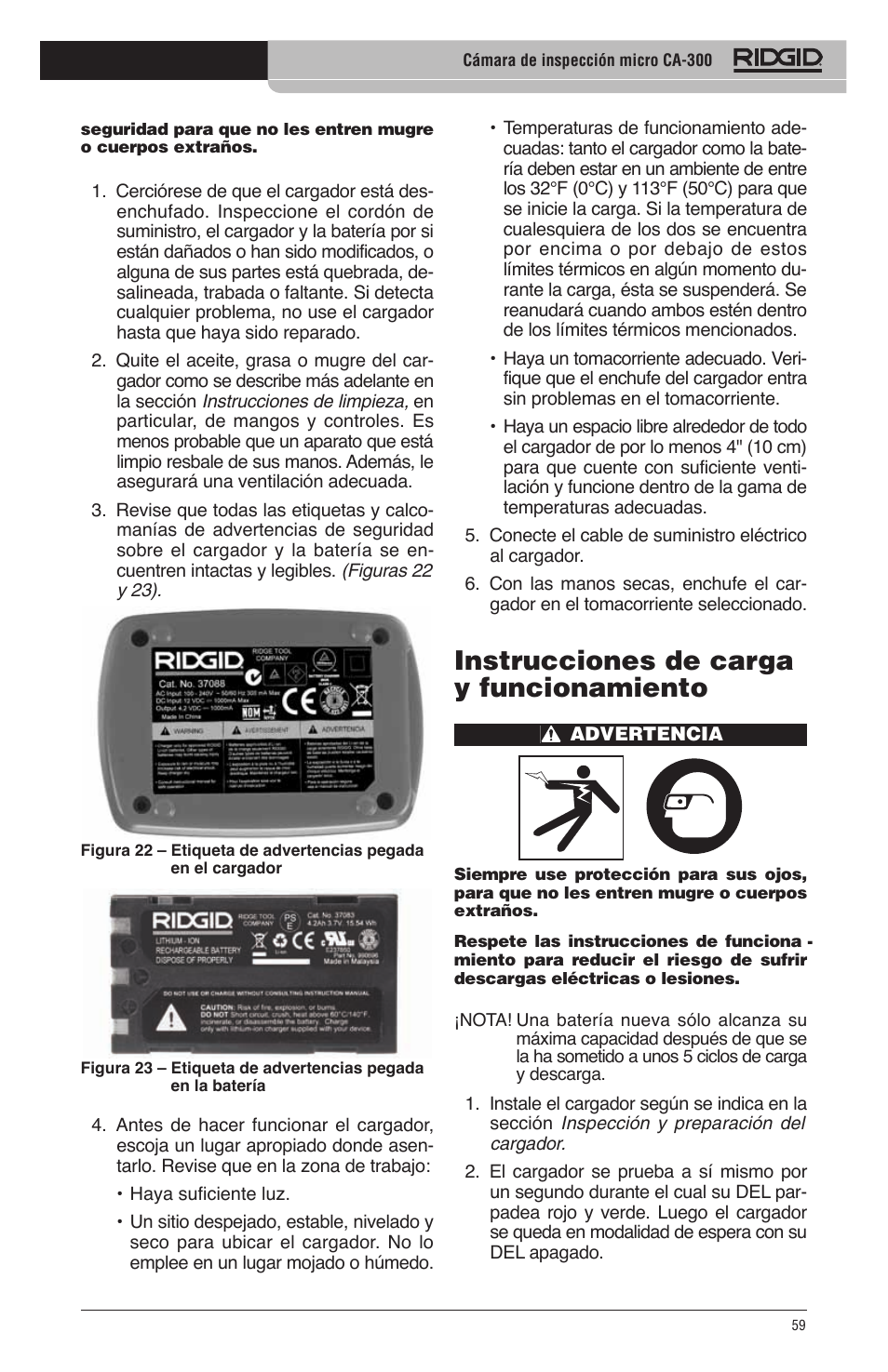 Instrucciones de carga y funcionamiento | RIDGID micro CA-300 User Manual | Page 61 / 472