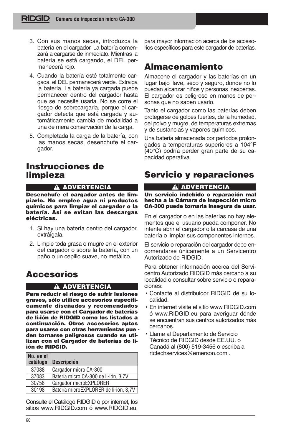 Instrucciones de limpieza, Accesorios, Almacenamiento | Servicio y reparaciones | RIDGID micro CA-300 User Manual | Page 62 / 472