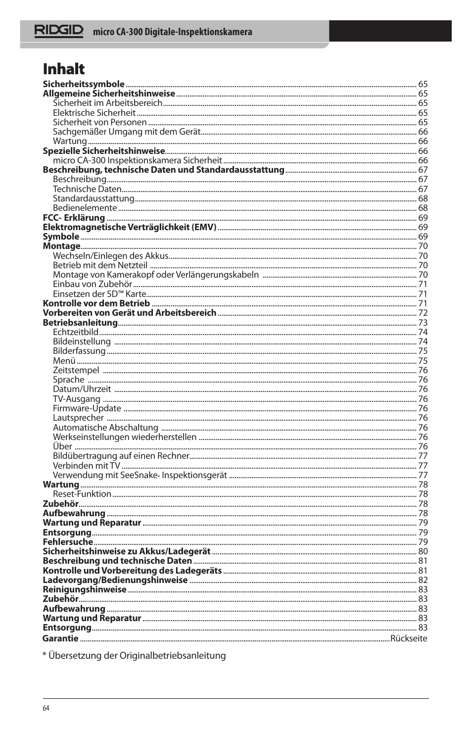 Inhalt | RIDGID micro CA-300 User Manual | Page 66 / 472