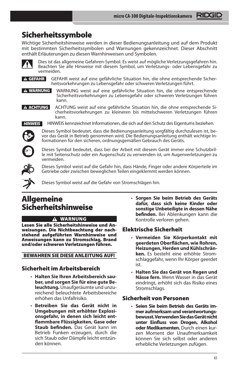 Sicherheitssymbole, Allgemeine sicherheitshinweise, Sicherheit im arbeitsbereich | Elektrische sicherheit, Sicherheit von personen | RIDGID micro CA-300 User Manual | Page 67 / 472