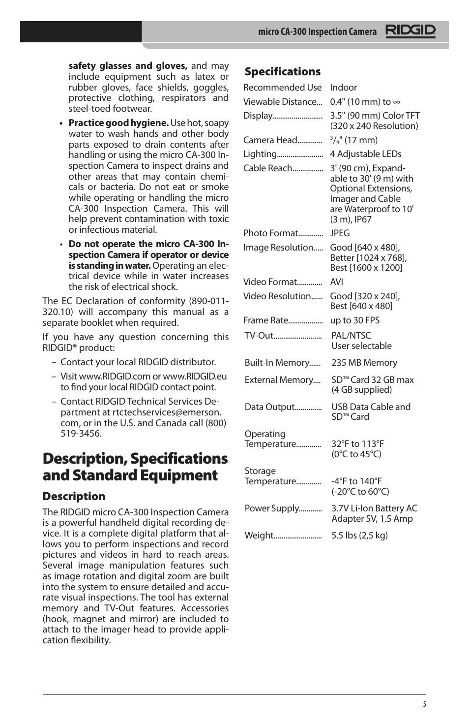 Description, specifications and standard equipment, Description, Specifications | RIDGID micro CA-300 User Manual | Page 7 / 472