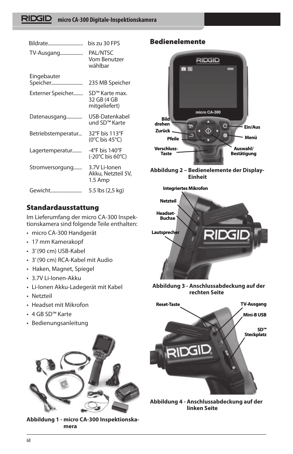 Bedienelemente, Standardausstattung | RIDGID micro CA-300 User Manual | Page 70 / 472