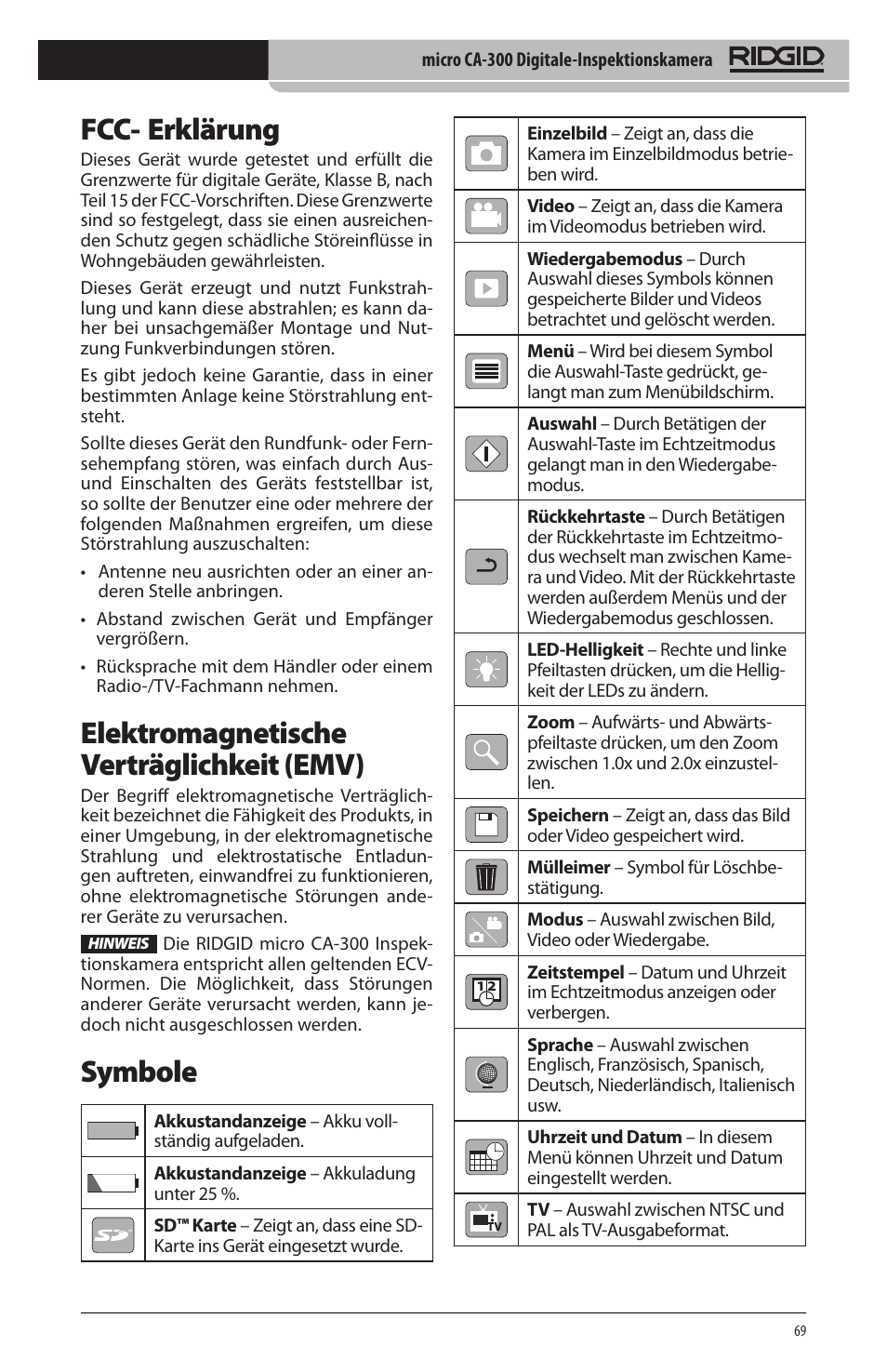 Fcc‑ erklärung, Elektromagnetische verträglichkeit (emv), Symbole | RIDGID micro CA-300 User Manual | Page 71 / 472