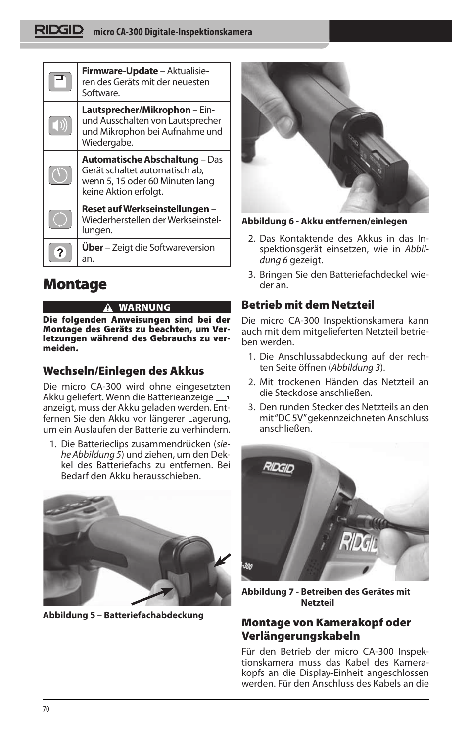 Montage, Wechseln/einlegen des akkus, Betrieb mit dem netzteil | Montage von kamerakopf oder verlängerungskabeln | RIDGID micro CA-300 User Manual | Page 72 / 472