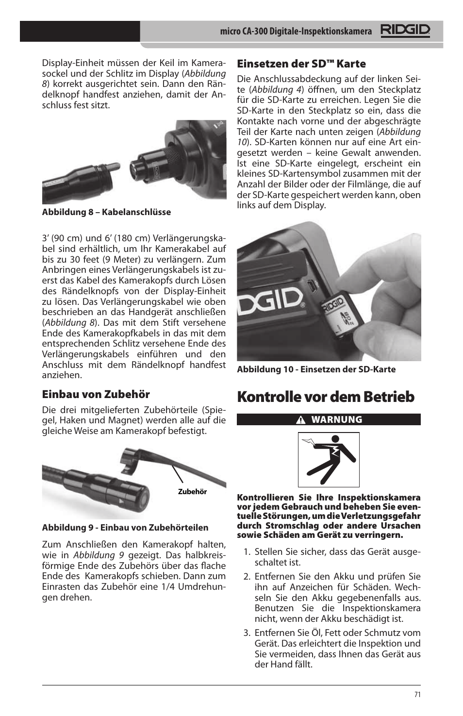 Kontrolle vor dem betrieb, Einbau von zubehör, Einsetzen der sd™ karte | RIDGID micro CA-300 User Manual | Page 73 / 472