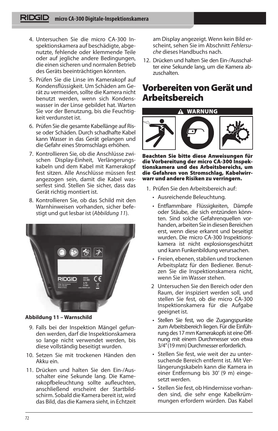 Vorbereiten von gerät und arbeitsbereich | RIDGID micro CA-300 User Manual | Page 74 / 472