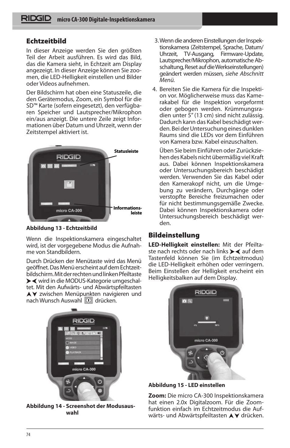 Echtzeitbild, Bildeinstellung | RIDGID micro CA-300 User Manual | Page 76 / 472