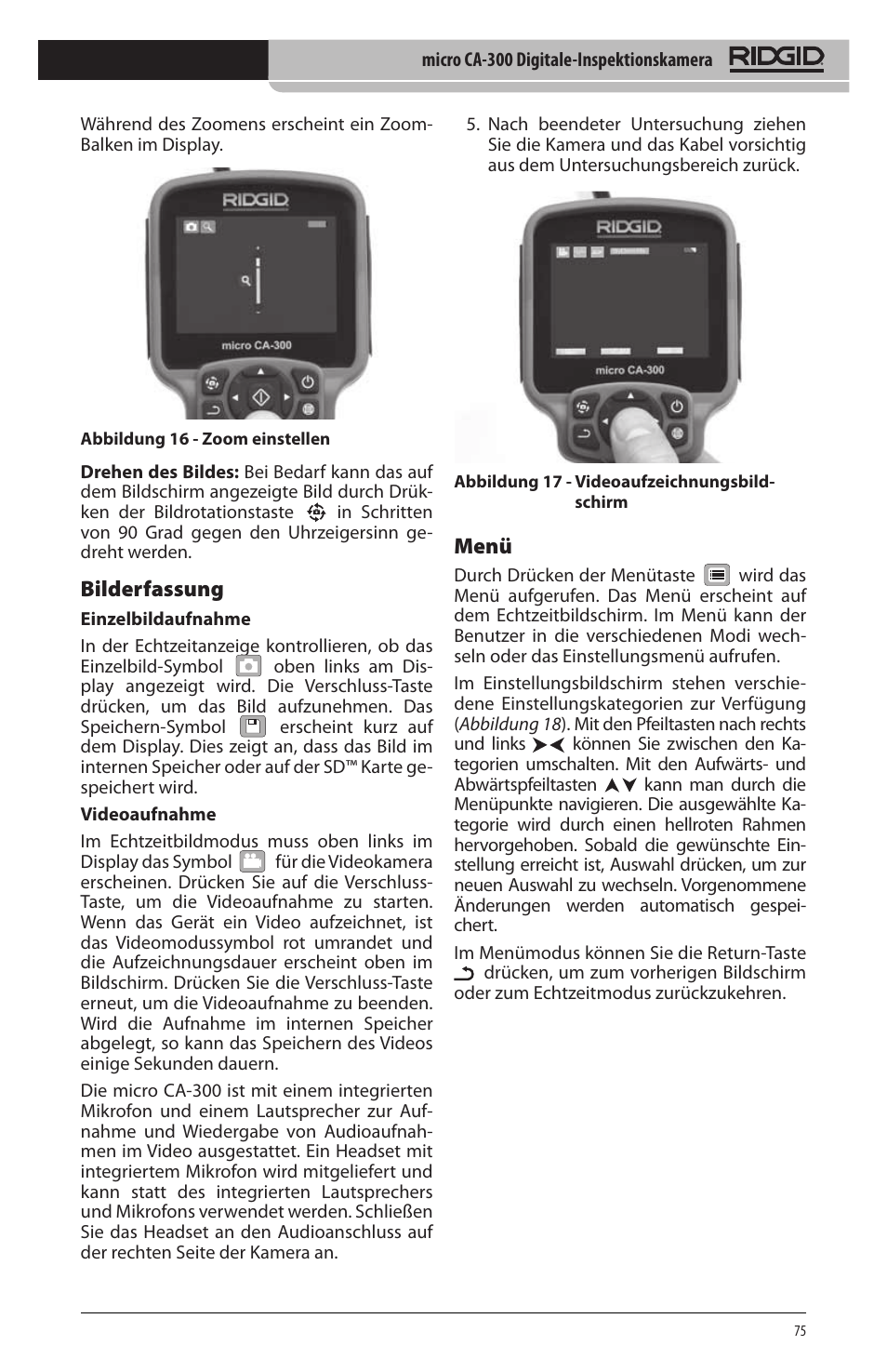 Bilderfassung, Menü | RIDGID micro CA-300 User Manual | Page 77 / 472