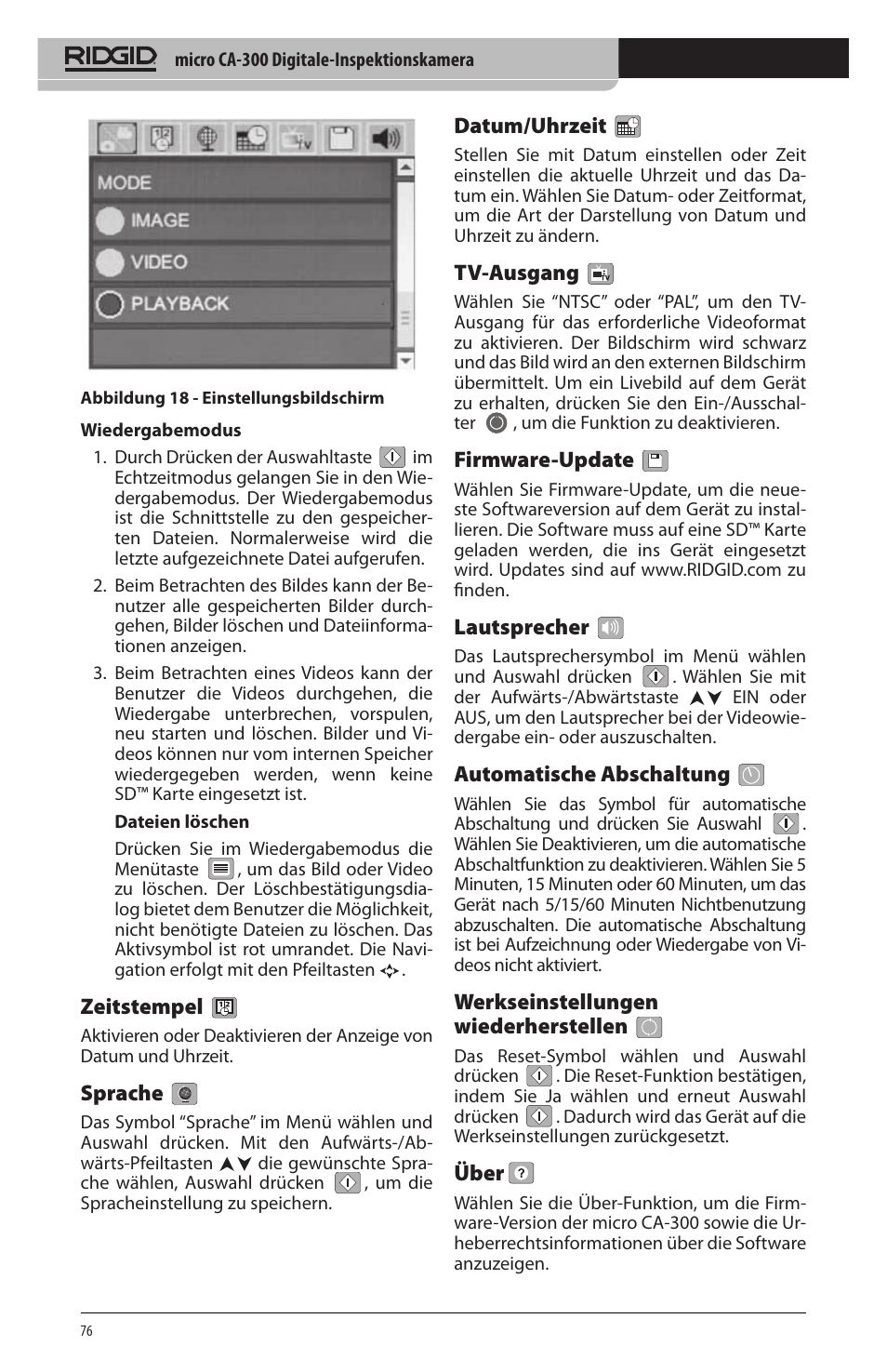 Zeitstempel, Sprache, Datum/uhrzeit | Tv‑ausgang, Firmware‑update, Lautsprecher, Automatische abschaltung, Werkseinstellungen wiederherstellen, Über | RIDGID micro CA-300 User Manual | Page 78 / 472