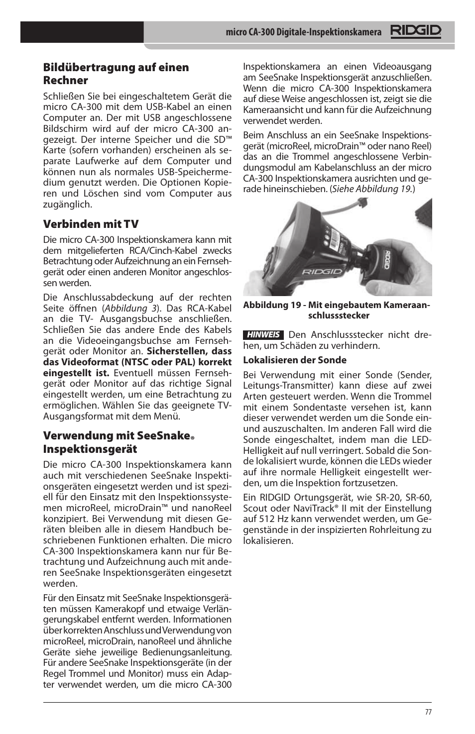 Bildübertragung auf einen rechner, Verbinden mit tv, Verwendung mit seesnake | Inspektionsgerät | RIDGID micro CA-300 User Manual | Page 79 / 472