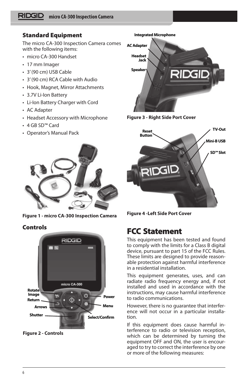 Fcc statement, Standard equipment, Controls | RIDGID micro CA-300 User Manual | Page 8 / 472