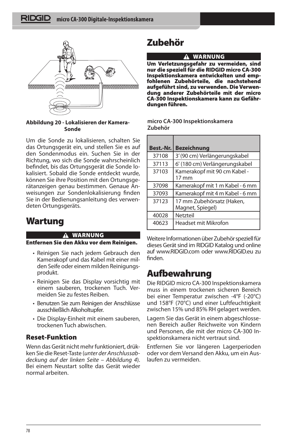 Wartung, Zubehör, Aufbewahrung | Reset‑funktion | RIDGID micro CA-300 User Manual | Page 80 / 472