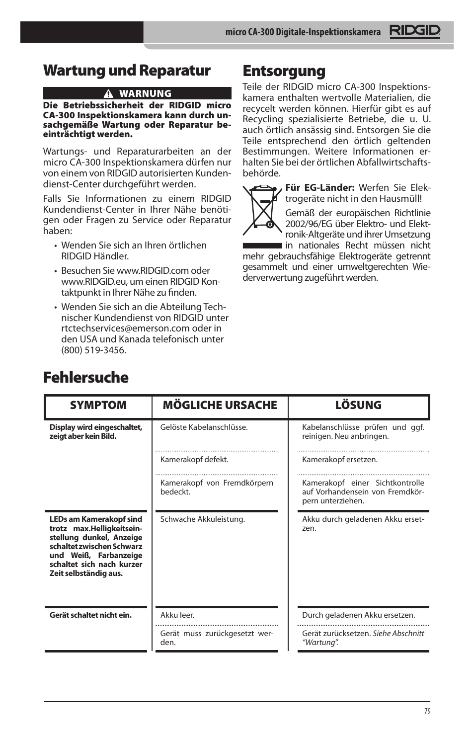 Wartung und reparatur, Entsorgung, Fehlersuche | Symptom mögliche ursache lösung | RIDGID micro CA-300 User Manual | Page 81 / 472