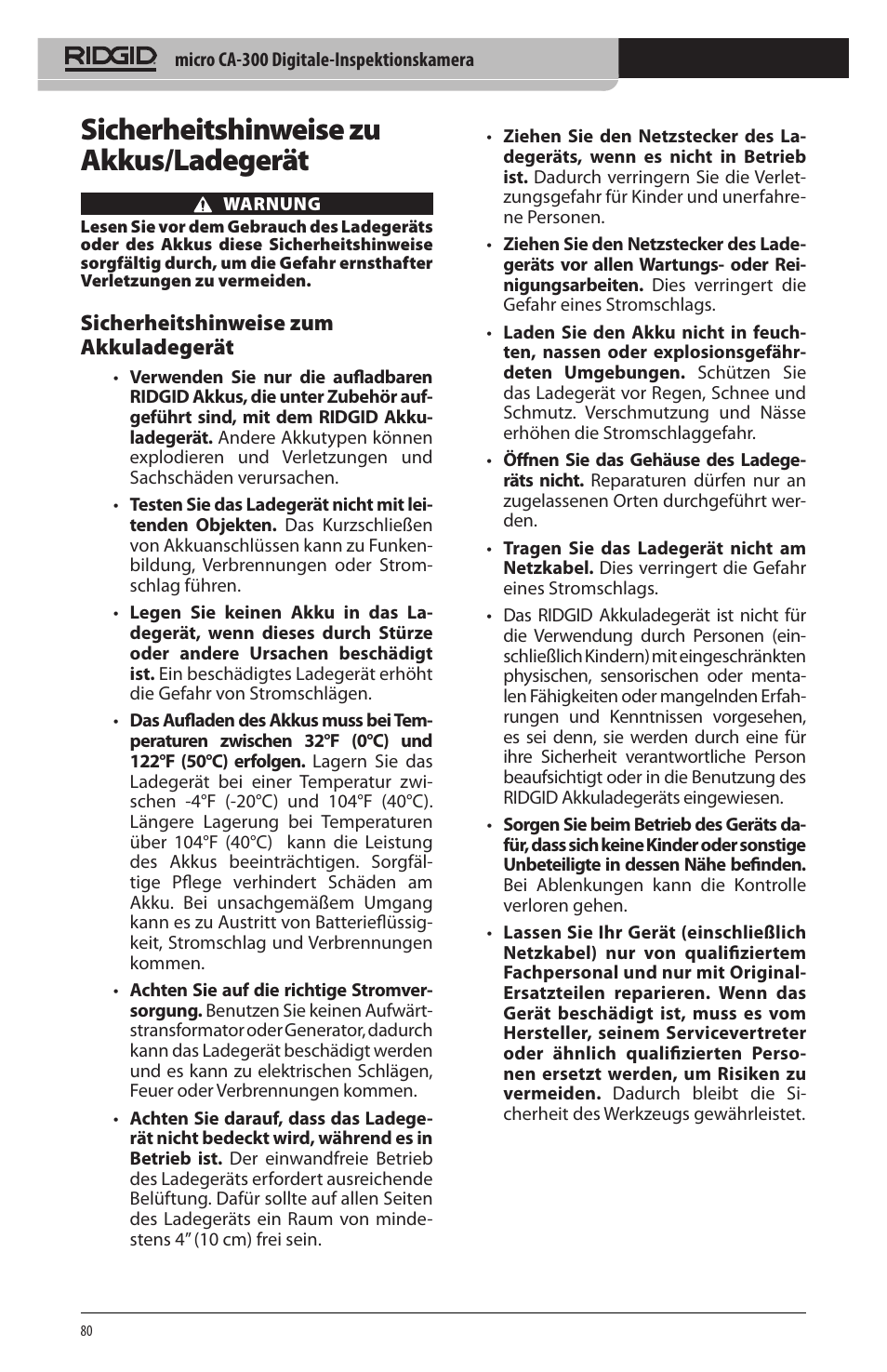 Sicherheitshinweise zu akkus/ladegerät, Sicherheitshinweise zum akkuladegerät | RIDGID micro CA-300 User Manual | Page 82 / 472