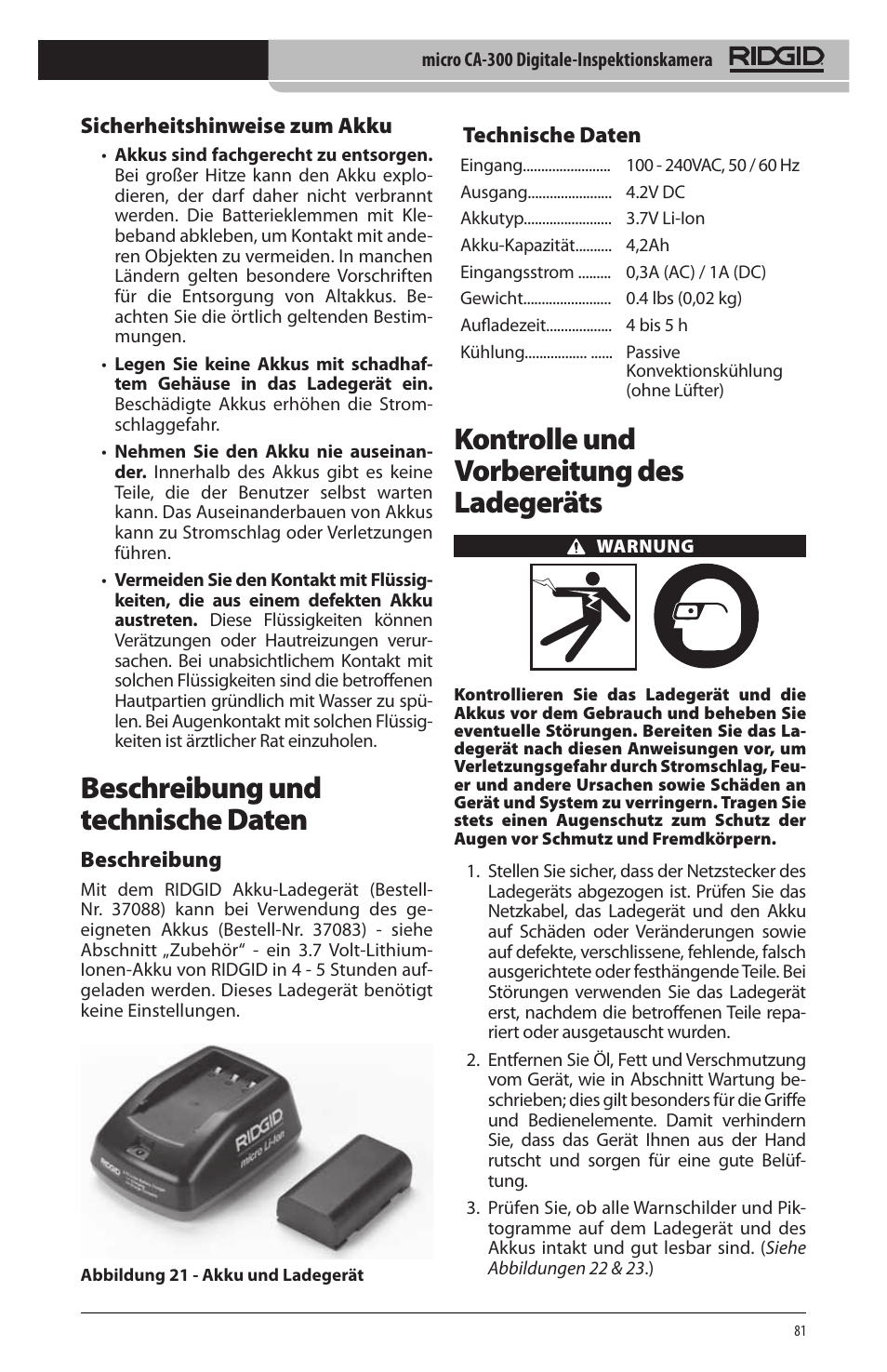 Beschreibung und technische daten, Kontrolle und vorbereitung des ladegeräts | RIDGID micro CA-300 User Manual | Page 83 / 472