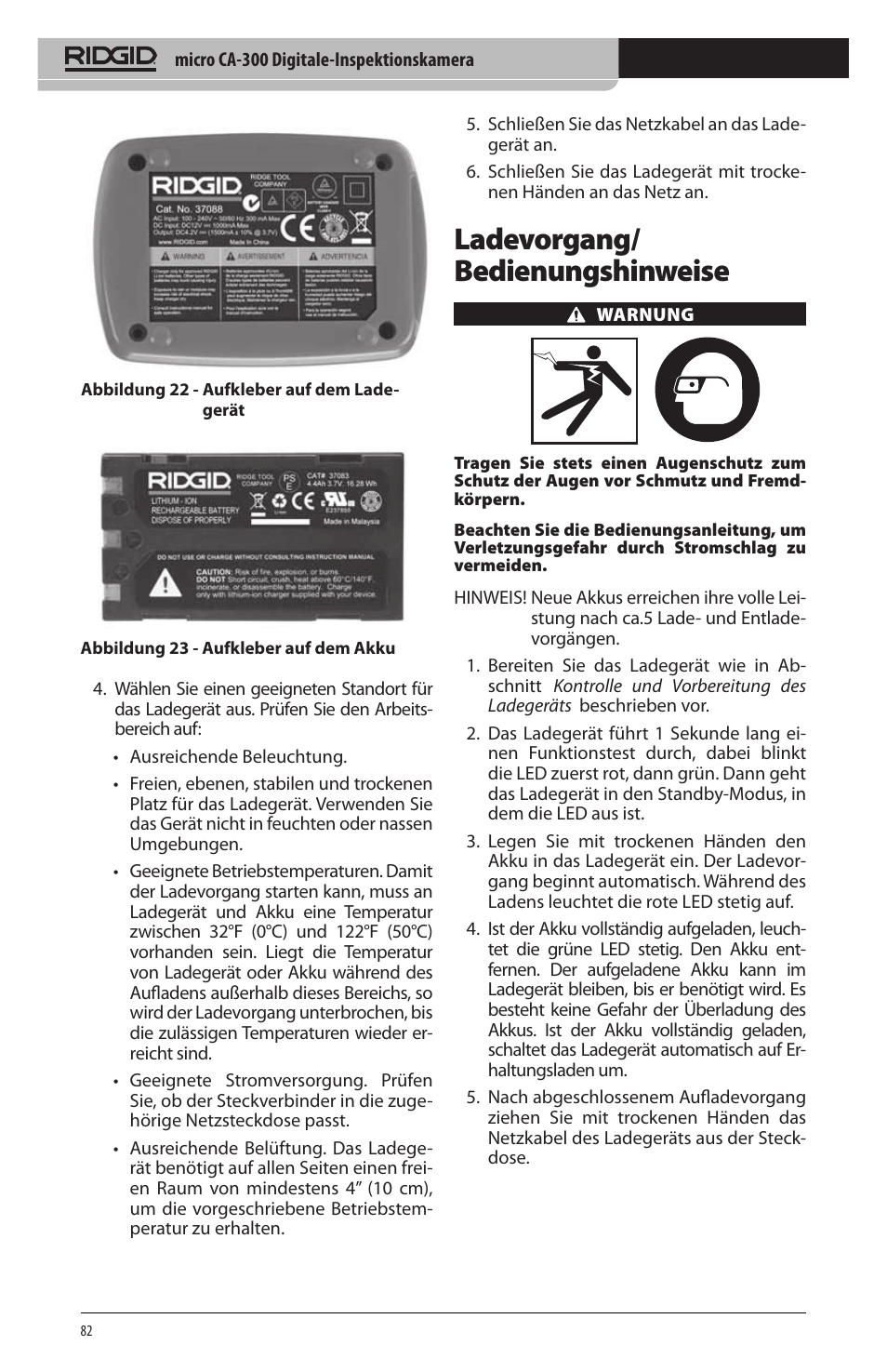 Ladevorgang/ bedienungshinweise | RIDGID micro CA-300 User Manual | Page 84 / 472