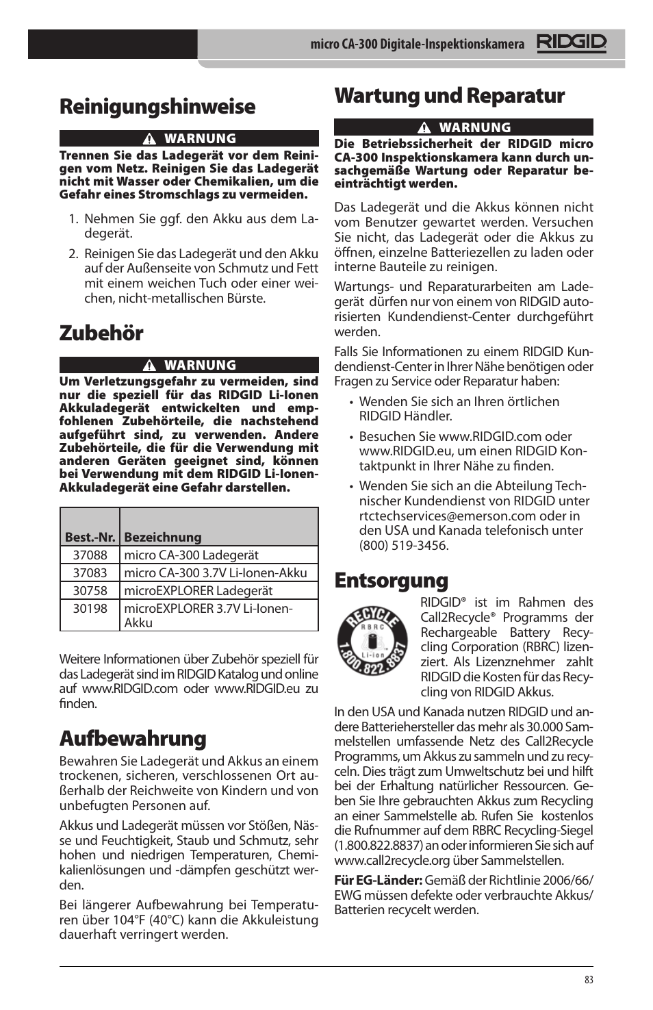 Wartung und reparatur, Entsorgung, Reinigungshinweise | Zubehör, Aufbewahrung | RIDGID micro CA-300 User Manual | Page 85 / 472