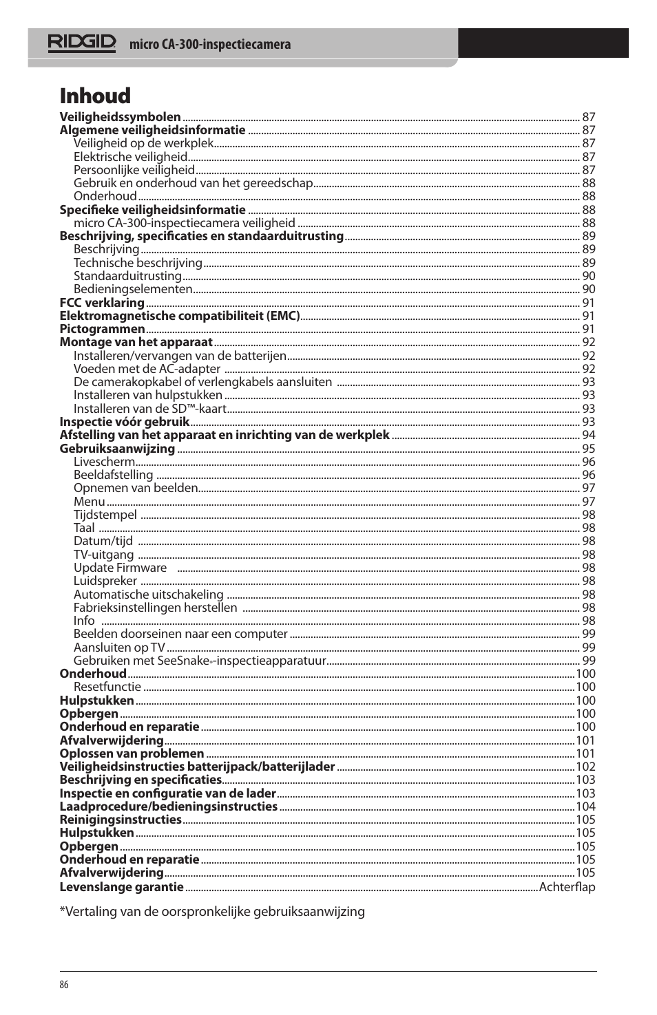 Inhoud | RIDGID micro CA-300 User Manual | Page 88 / 472