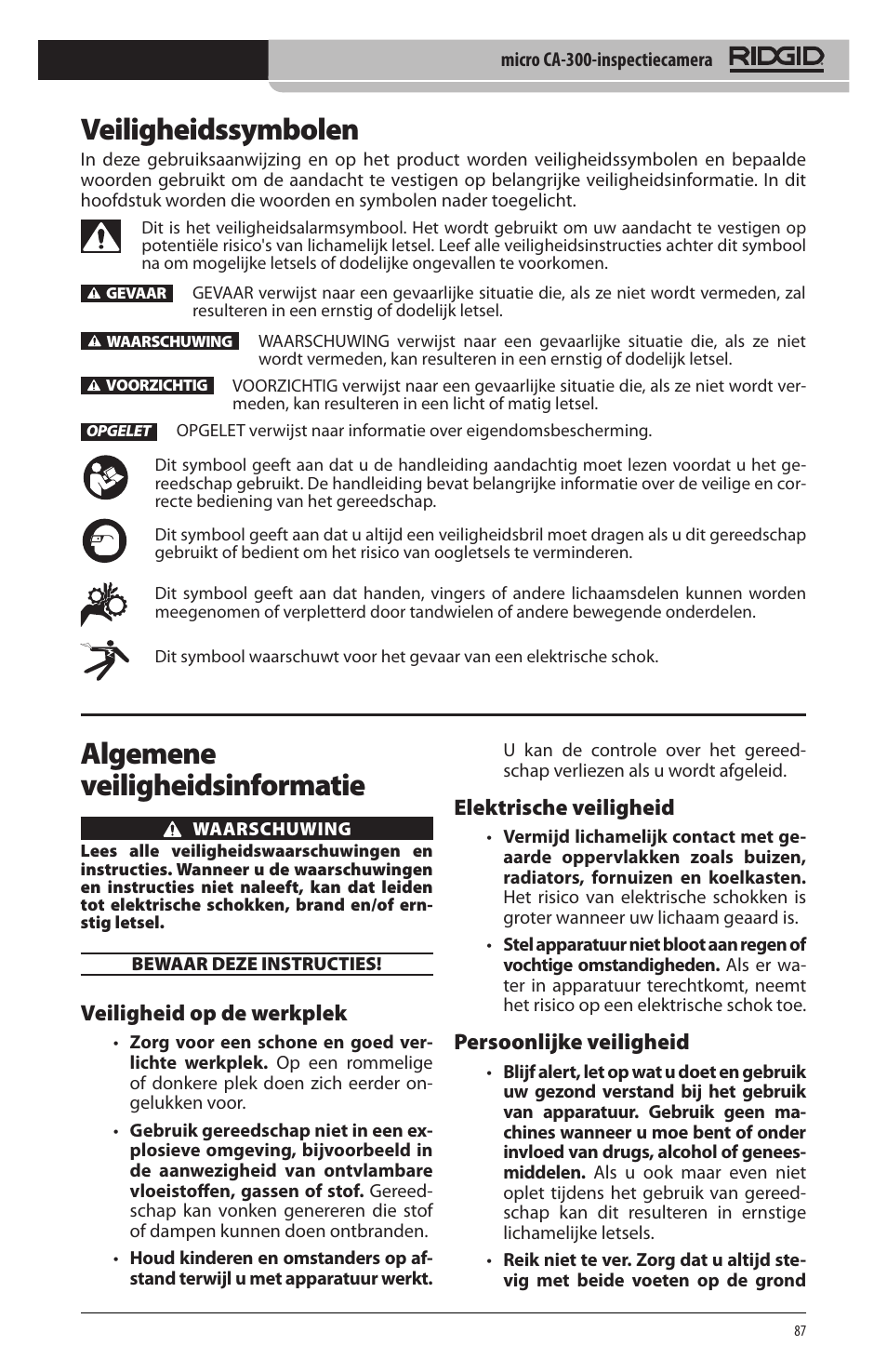 Veiligheidssymbolen, Algemene veiligheidsinformatie, Veiligheid op de werkplek | Elektrische veiligheid, Persoonlijke veiligheid | RIDGID micro CA-300 User Manual | Page 89 / 472