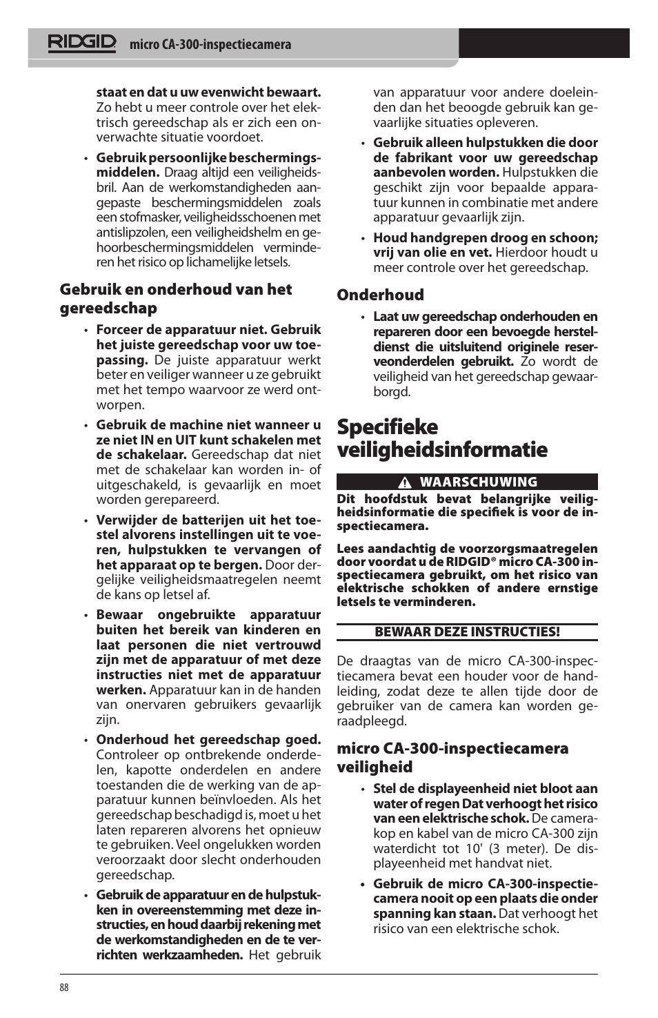 Specifieke veiligheidsinformatie, Gebruik en onderhoud van het gereedschap, Onderhoud | Micro ca‑300‑inspectiecamera veiligheid | RIDGID micro CA-300 User Manual | Page 90 / 472