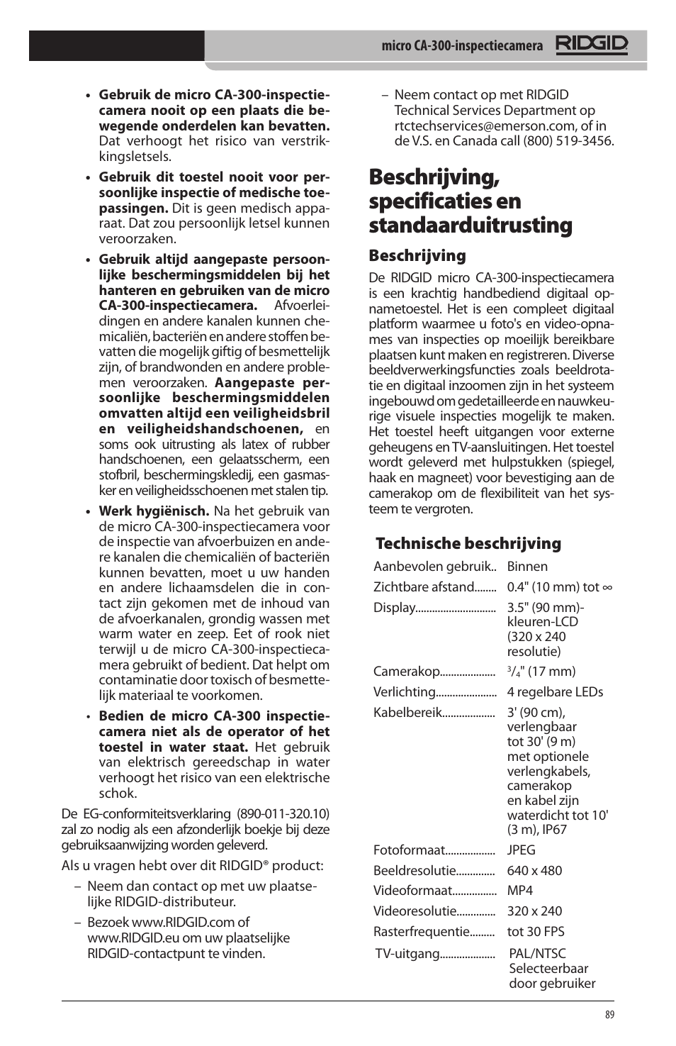 Beschrijving, specificaties en standaarduitrusting, Technische beschrijving, Beschrijving | RIDGID micro CA-300 User Manual | Page 91 / 472