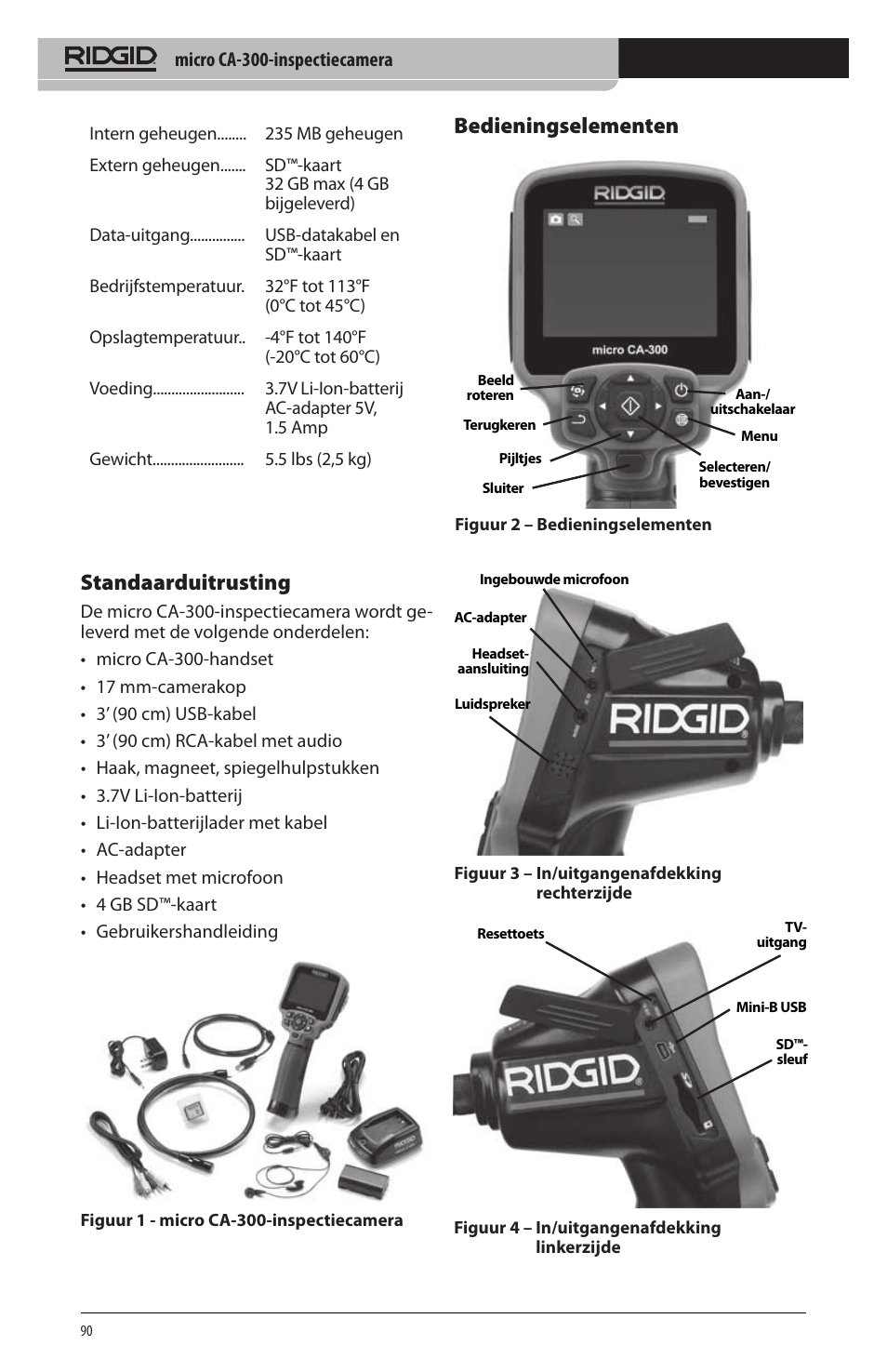 Standaarduitrusting, Bedieningselementen | RIDGID micro CA-300 User Manual | Page 92 / 472