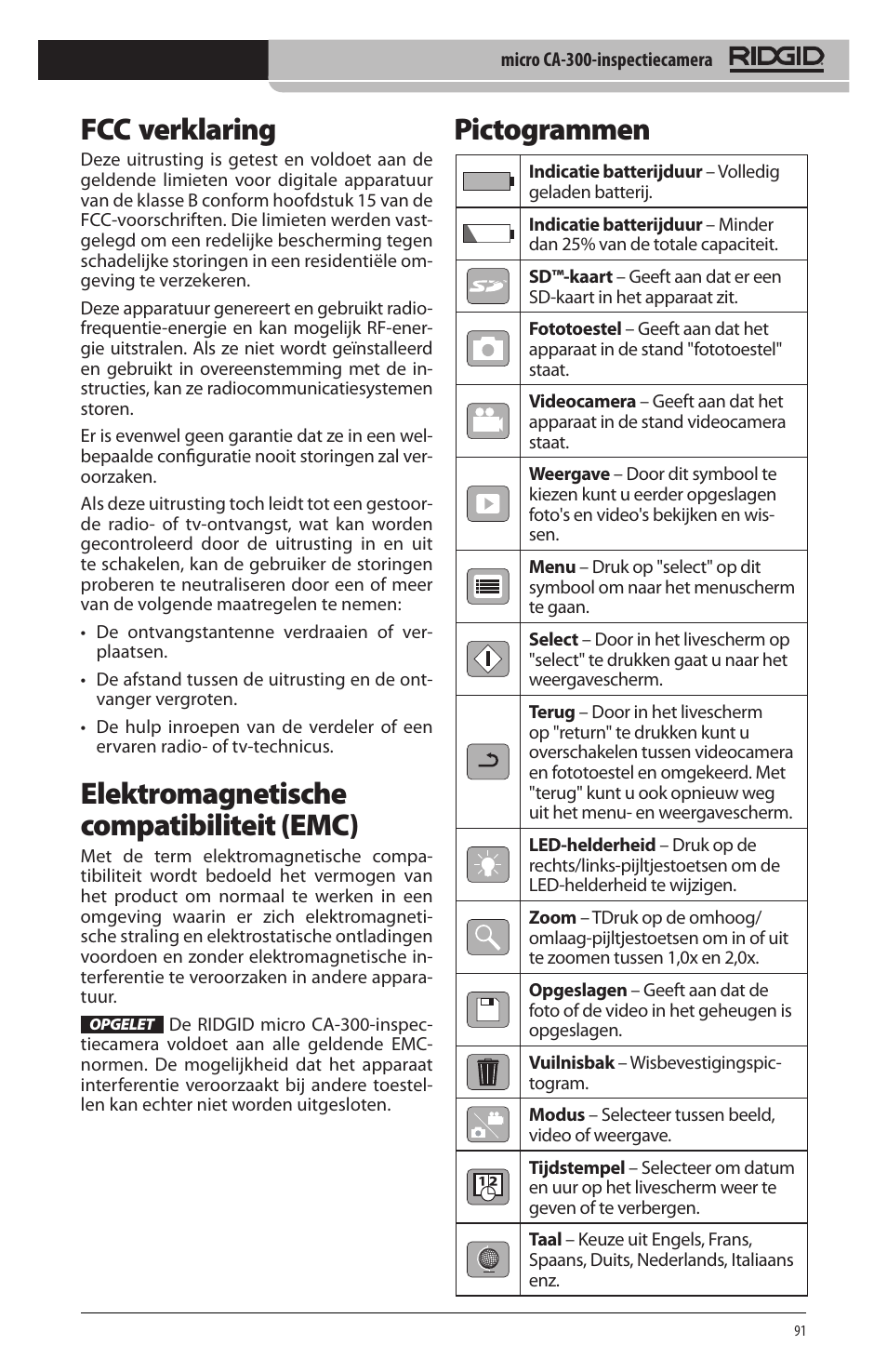 Pictogrammen fcc verklaring, Elektromagnetische compatibiliteit (emc) | RIDGID micro CA-300 User Manual | Page 93 / 472