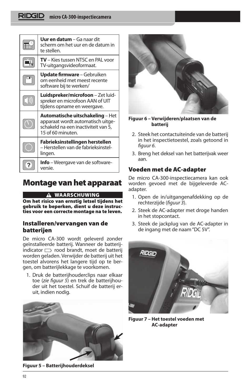 Montage van het apparaat, Installeren/vervangen van de batterijen, Voeden met de ac‑adapter | RIDGID micro CA-300 User Manual | Page 94 / 472