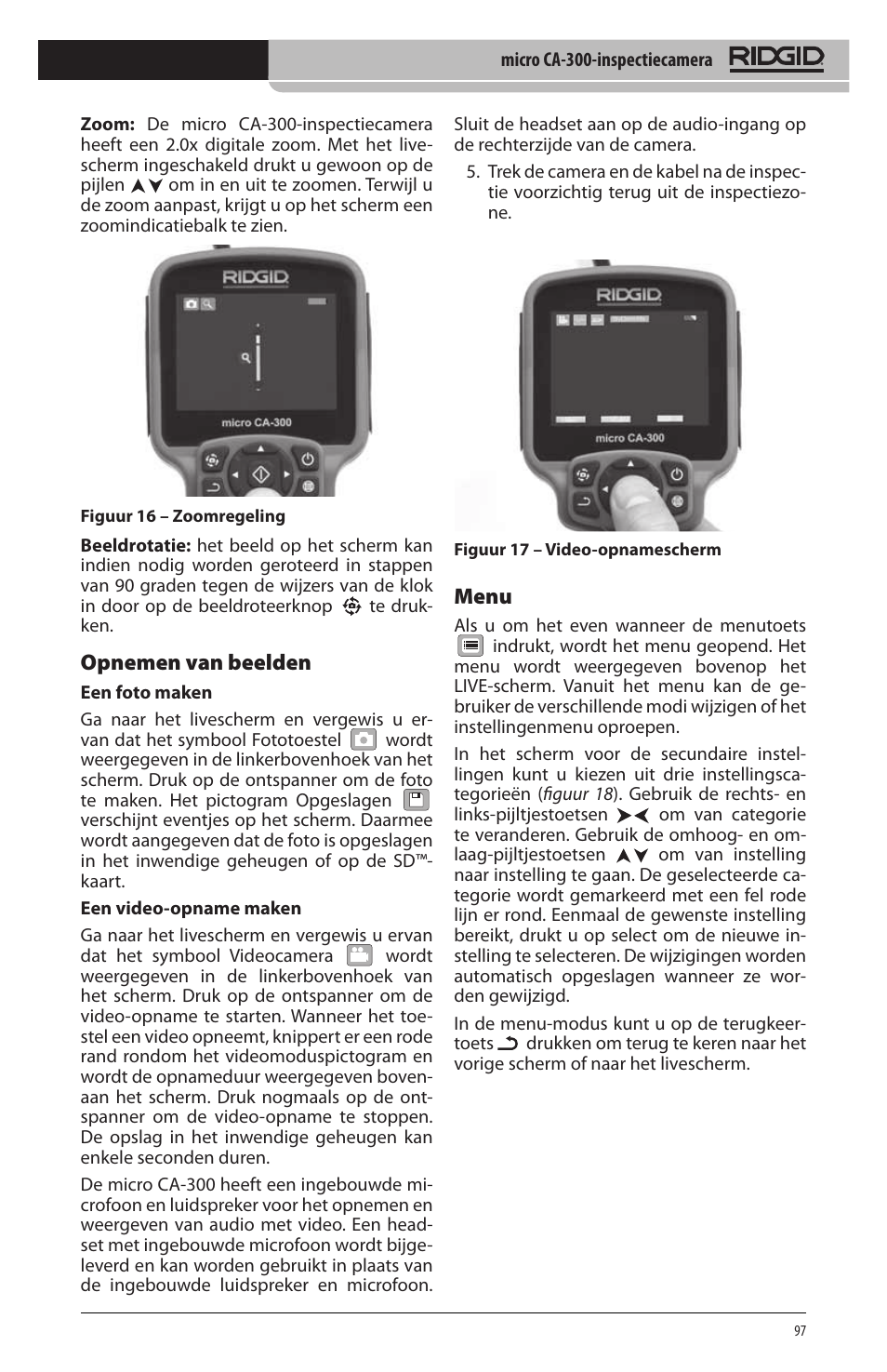 Opnemen van beelden, Menu | RIDGID micro CA-300 User Manual | Page 99 / 472