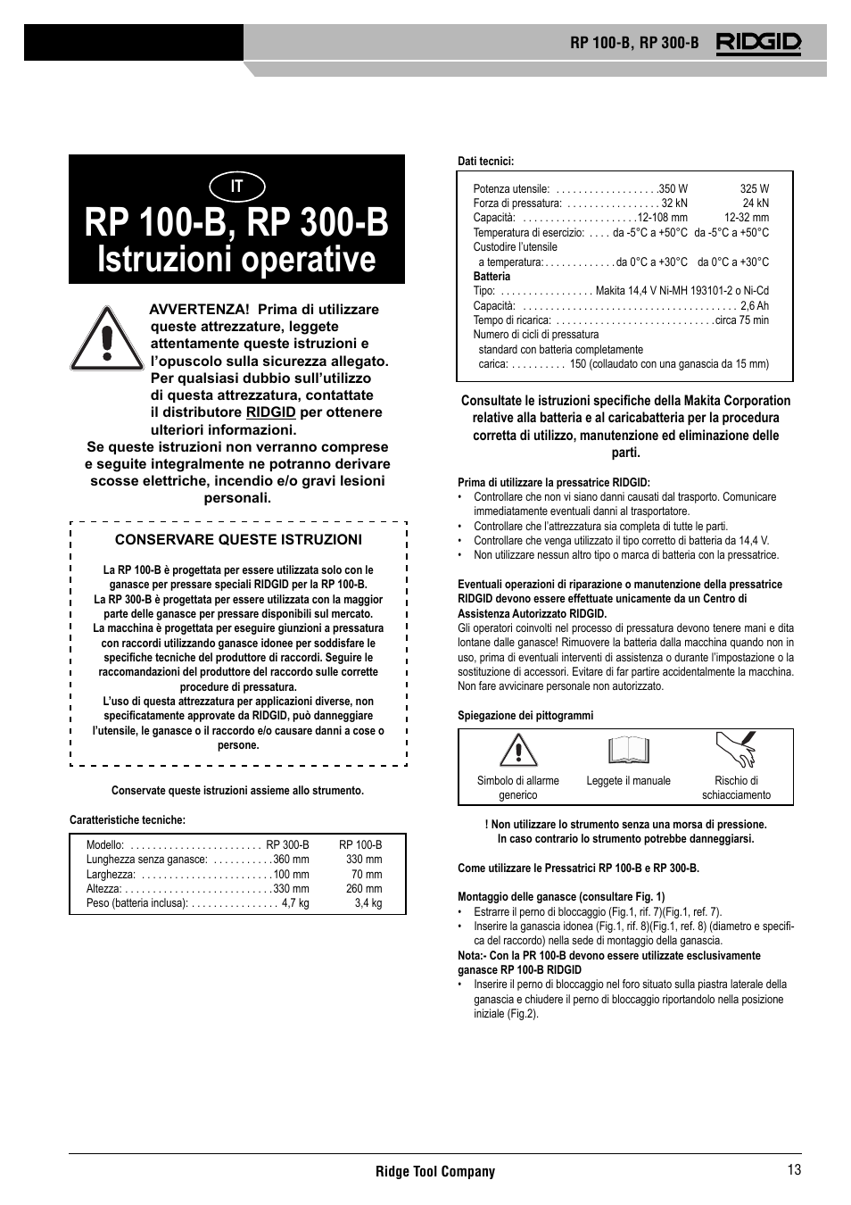 Istruzioni operative | RIDGID RP 300-B User Manual | Page 14 / 58