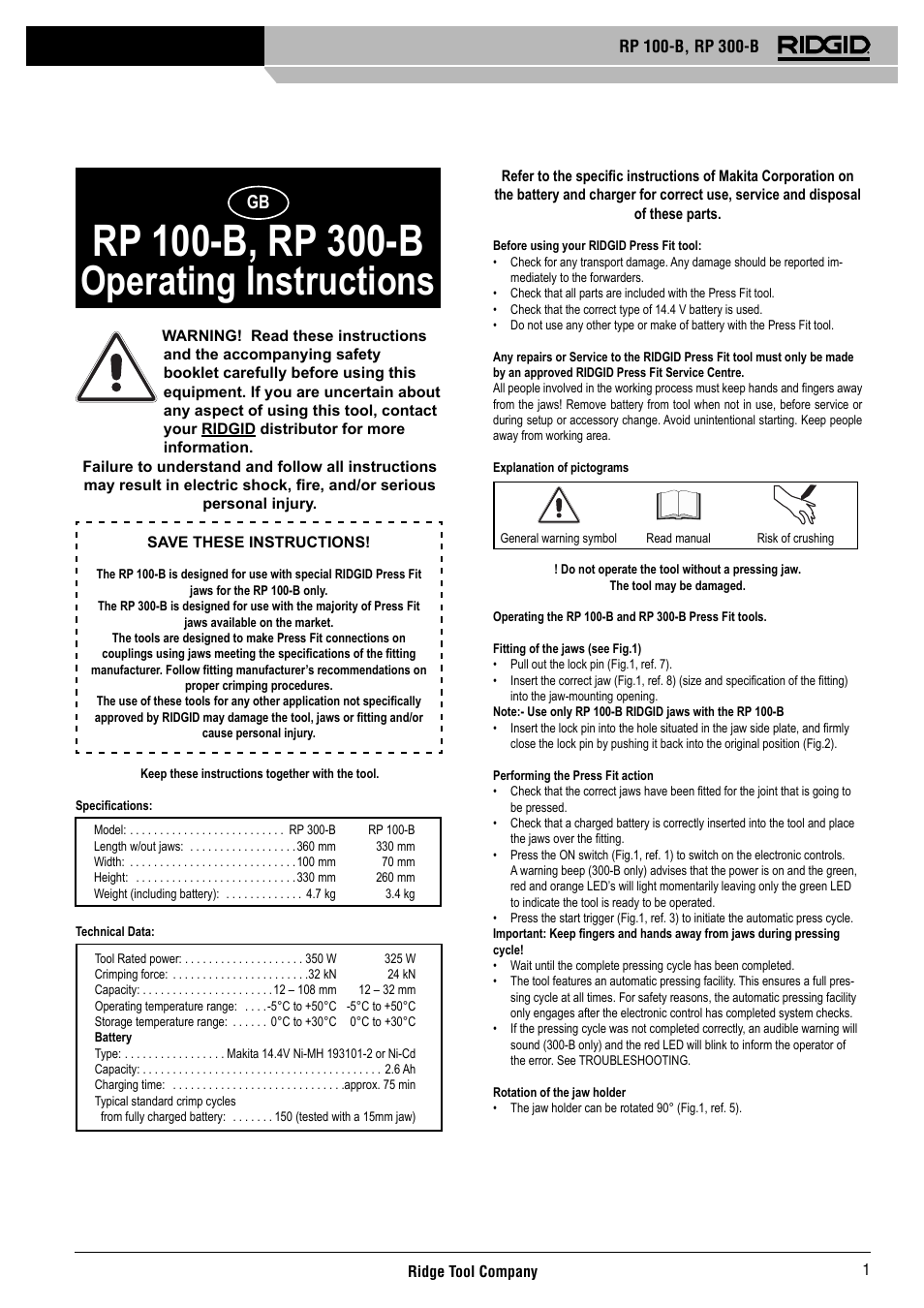 Operating instructions | RIDGID RP 300-B User Manual | Page 2 / 58