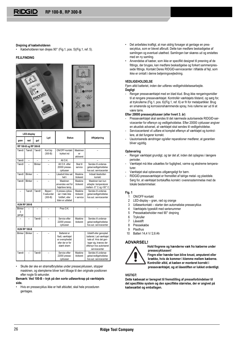 Ridge tool company 26, Advarsel | RIDGID RP 300-B User Manual | Page 27 / 58