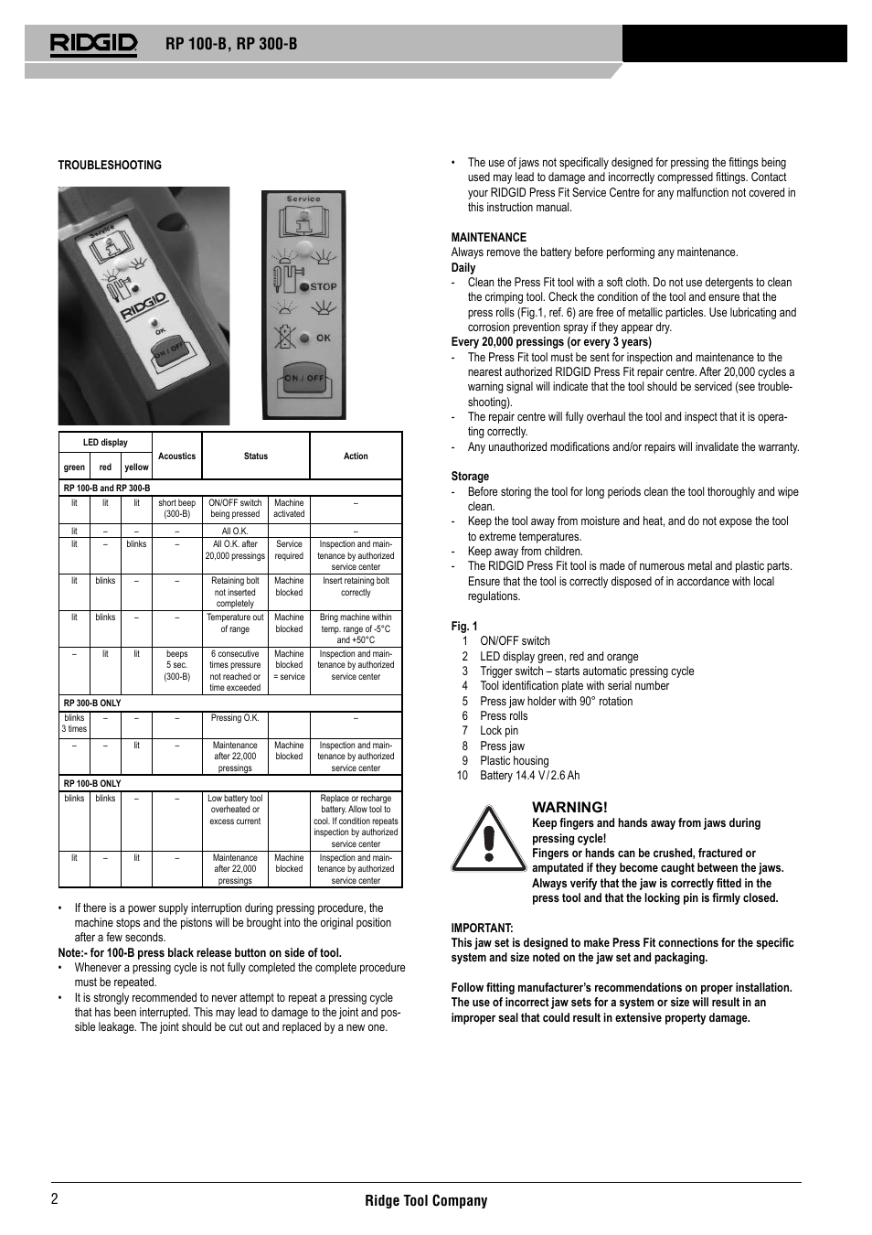 Ridge tool company 2, Warning | RIDGID RP 300-B User Manual | Page 3 / 58