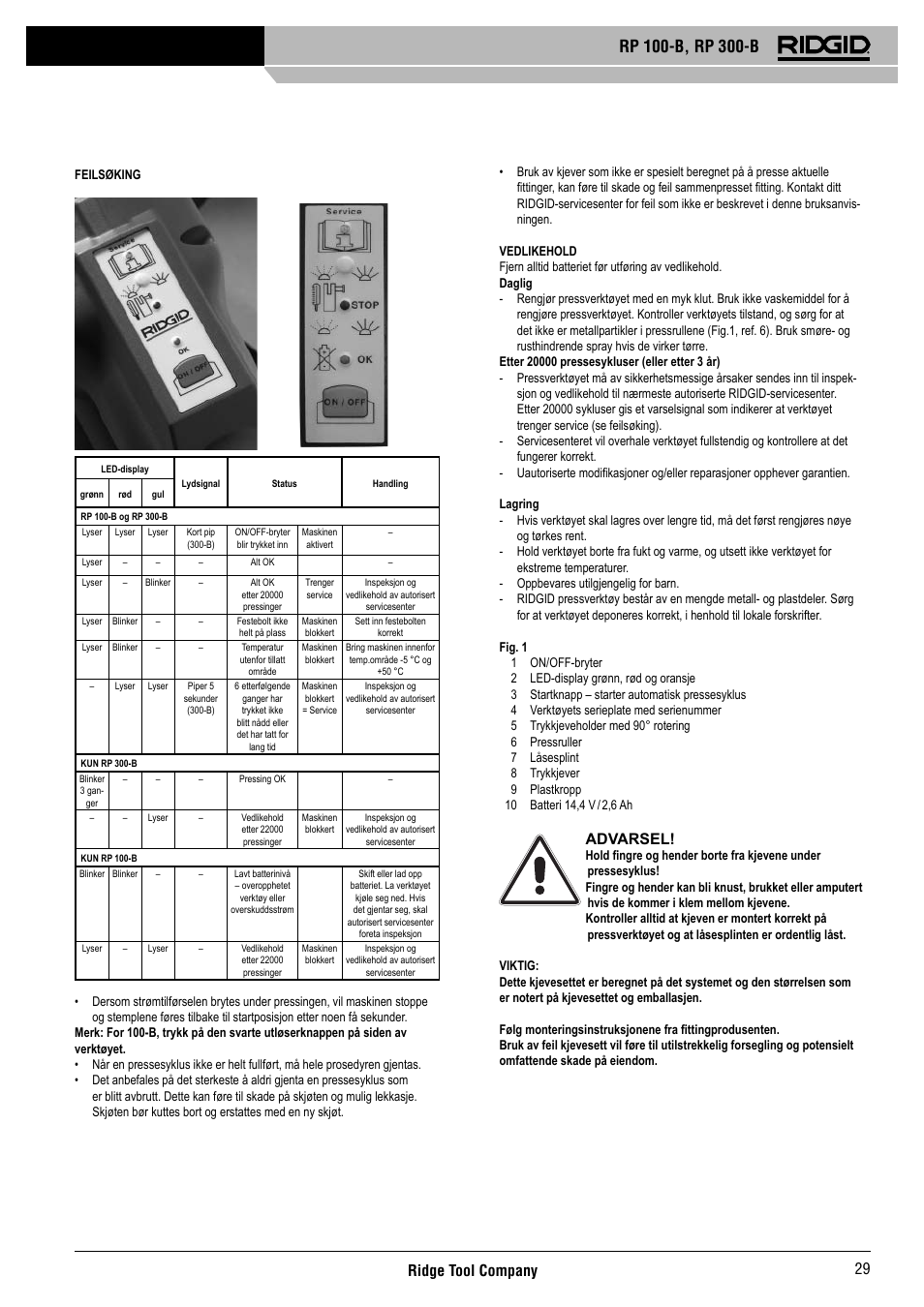 Ridge tool company 29, Advarsel | RIDGID RP 300-B User Manual | Page 30 / 58