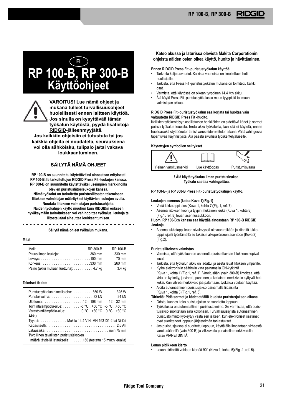 Käyttöohjeet | RIDGID RP 300-B User Manual | Page 32 / 58