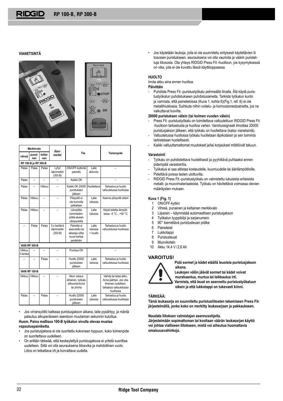 Ridge tool company 32, Varoitus | RIDGID RP 300-B User Manual | Page 33 / 58