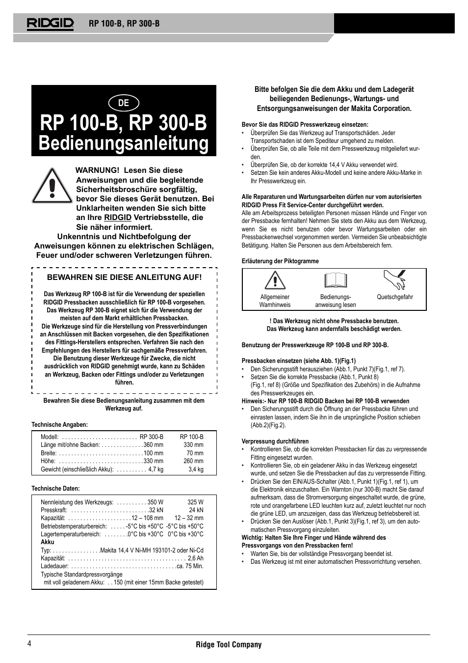 Bedienungsanleitung | RIDGID RP 300-B User Manual | Page 5 / 58