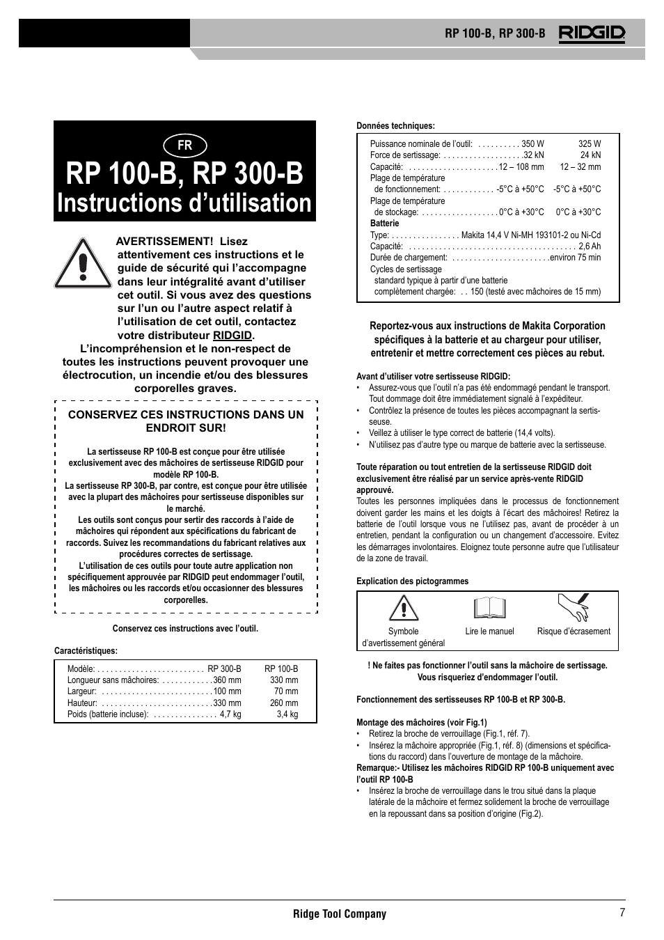 Instructions d’utilisation | RIDGID RP 300-B User Manual | Page 8 / 58
