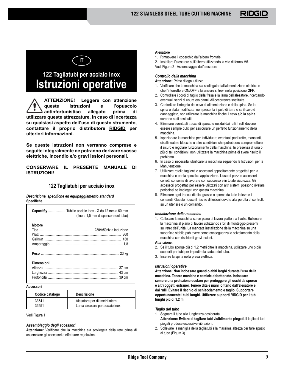 Istruzioni operative, 122 tagliatubi per acciaio inox | RIDGID 122 User Manual | Page 10 / 40