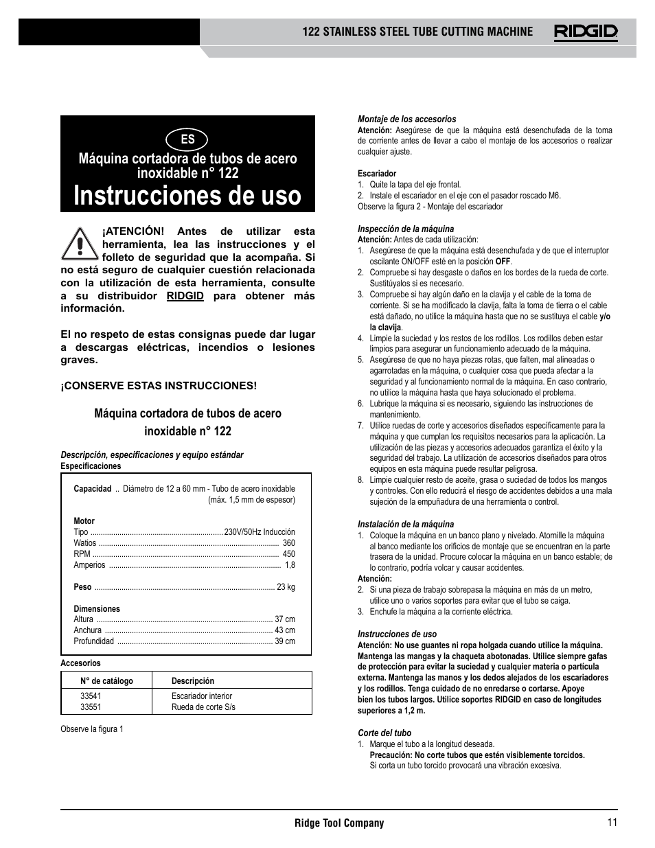 Instrucciones de uso | RIDGID 122 User Manual | Page 12 / 40