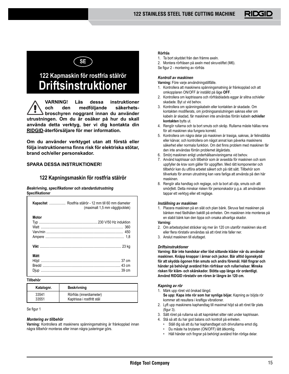 Driftsinstruktioner, 122 kapmaskin för rostfria stålrör, 122 kapningsmaskin för rostfria stålrör | RIDGID 122 User Manual | Page 16 / 40