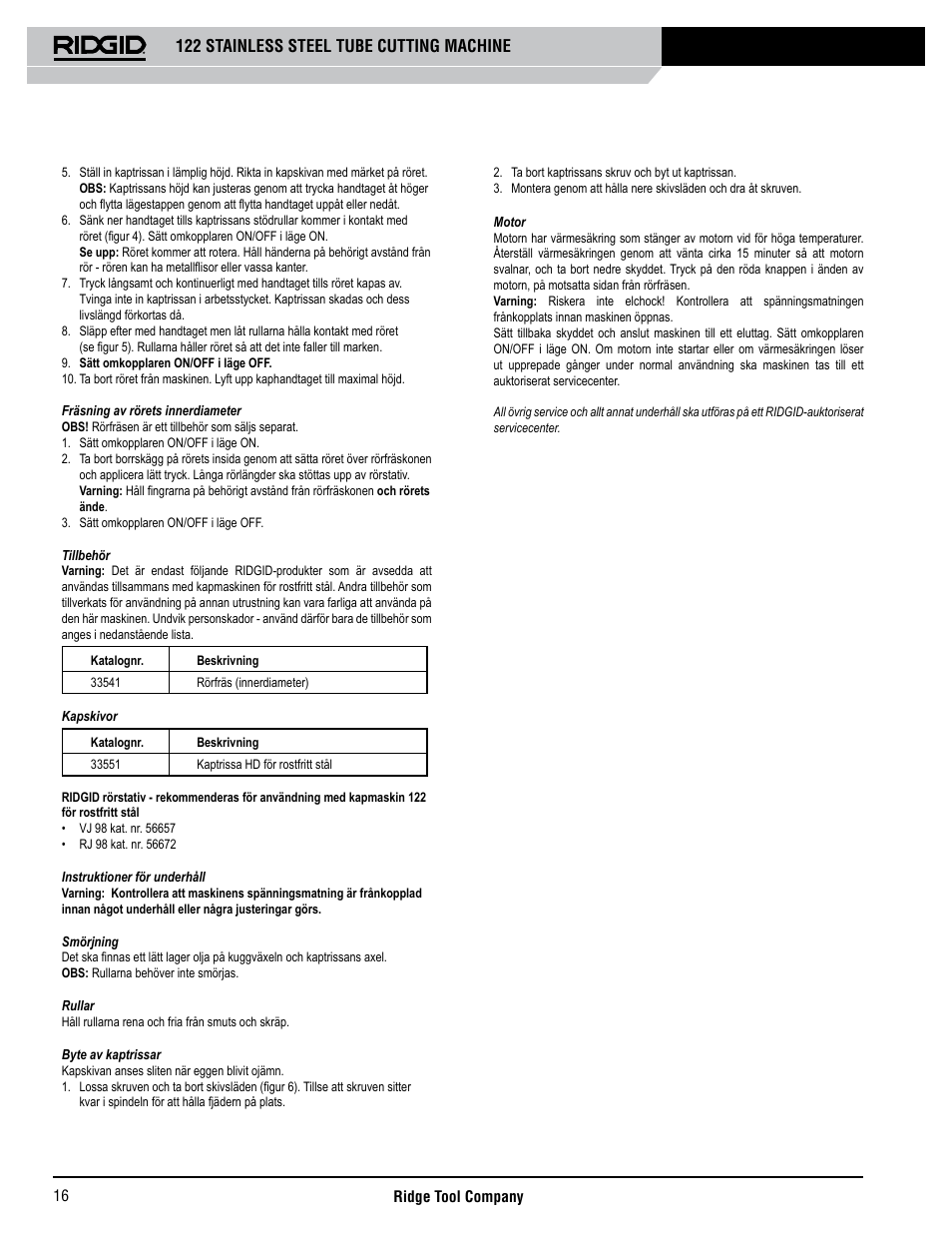 122 stainless steel tube cutting machine | RIDGID 122 User Manual | Page 17 / 40