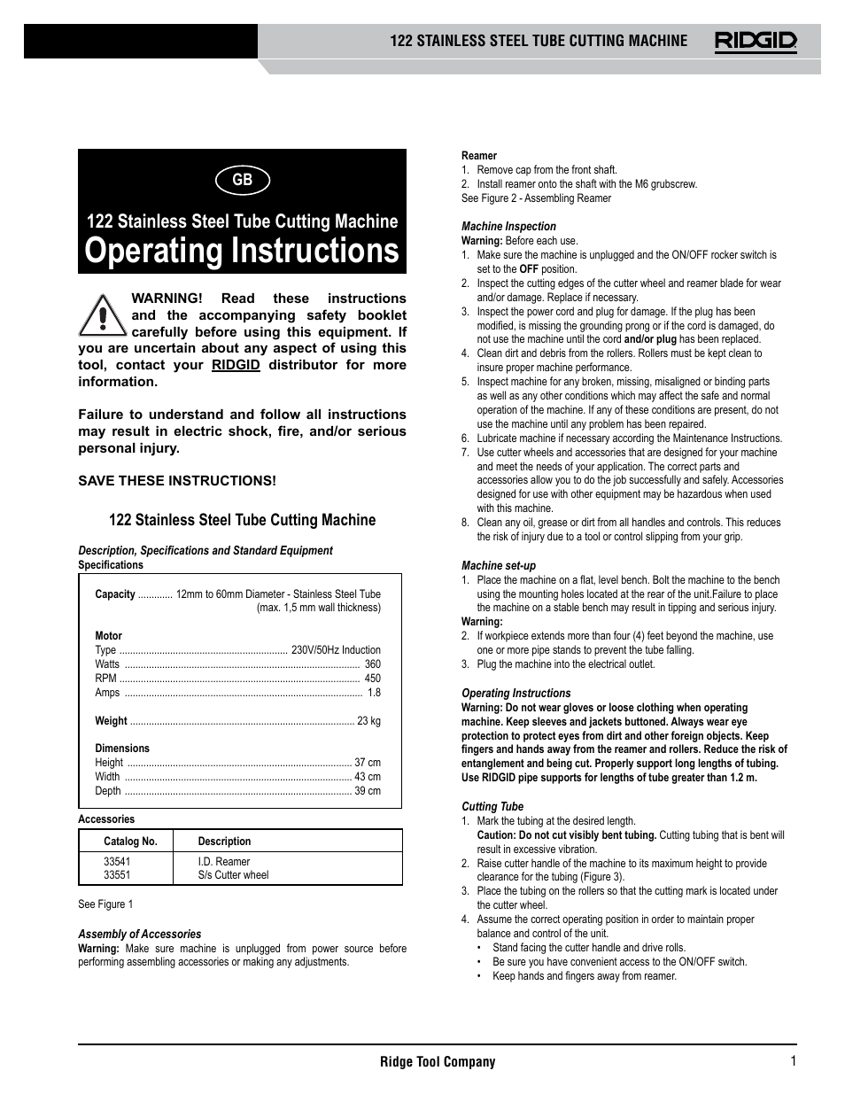 Operating instructions, 122 stainless steel tube cutting machine | RIDGID 122 User Manual | Page 2 / 40