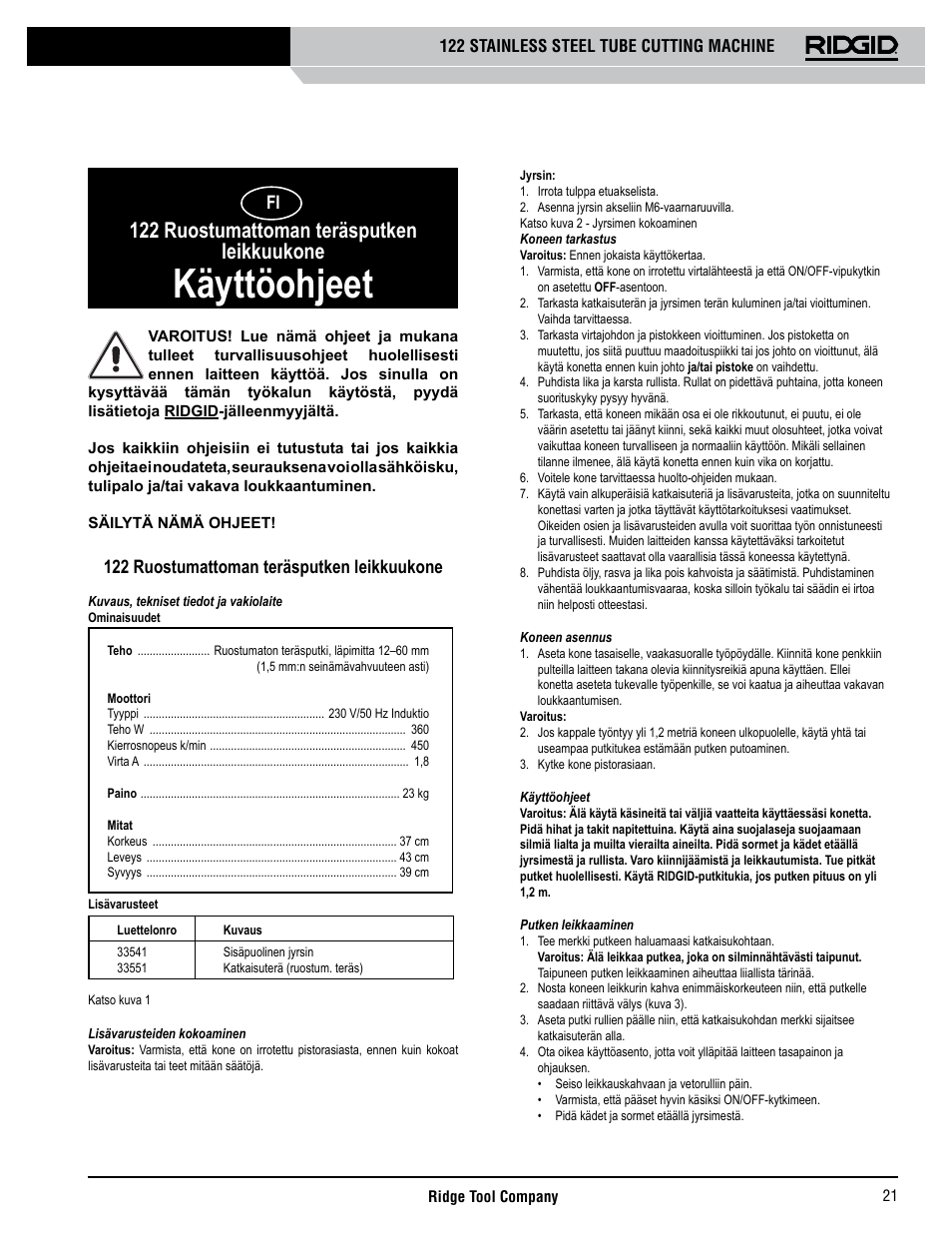 Käyttöohjeet, 122 ruostumattoman teräsputken leikkuukone | RIDGID 122 User Manual | Page 22 / 40