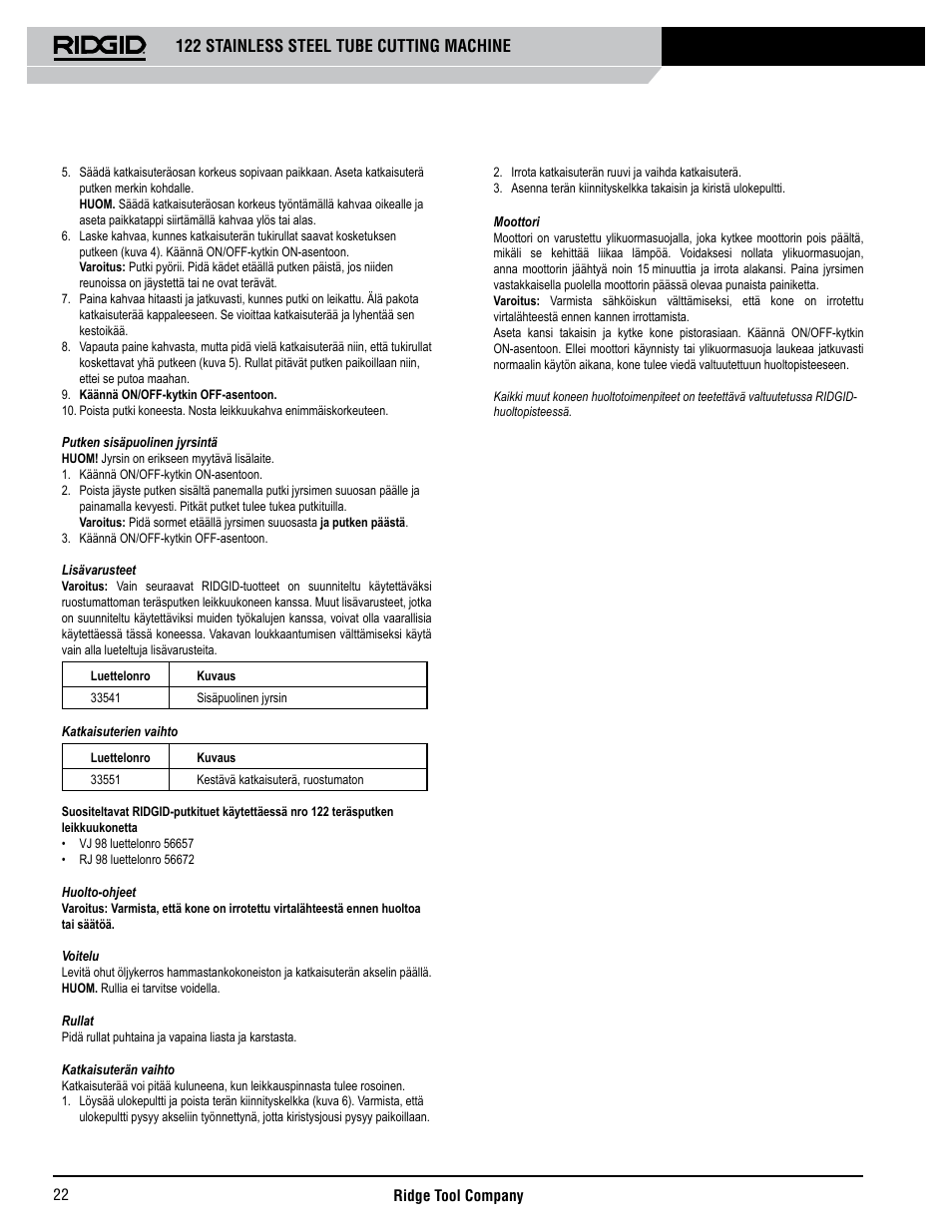 122 stainless steel tube cutting machine | RIDGID 122 User Manual | Page 23 / 40