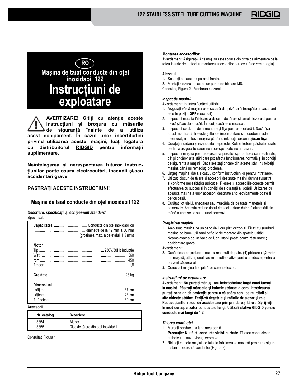 Instrucţiuni de exploatare, Maşina de tăiat conducte din oţel inoxidabil 122 | RIDGID 122 User Manual | Page 28 / 40