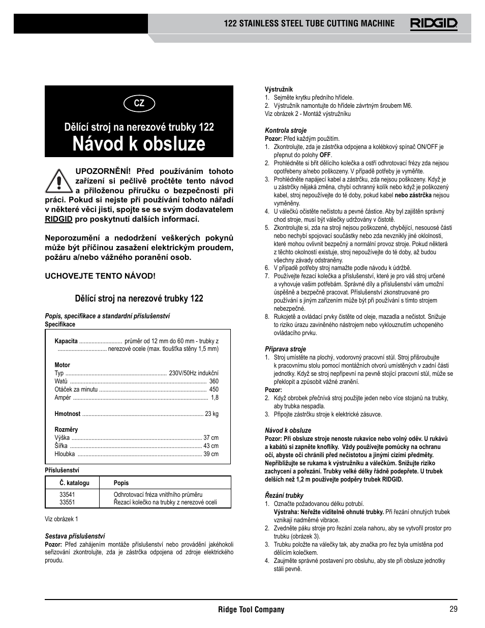 Návod k obsluze, Dělící stroj na nerezové trubky 122 | RIDGID 122 User Manual | Page 30 / 40