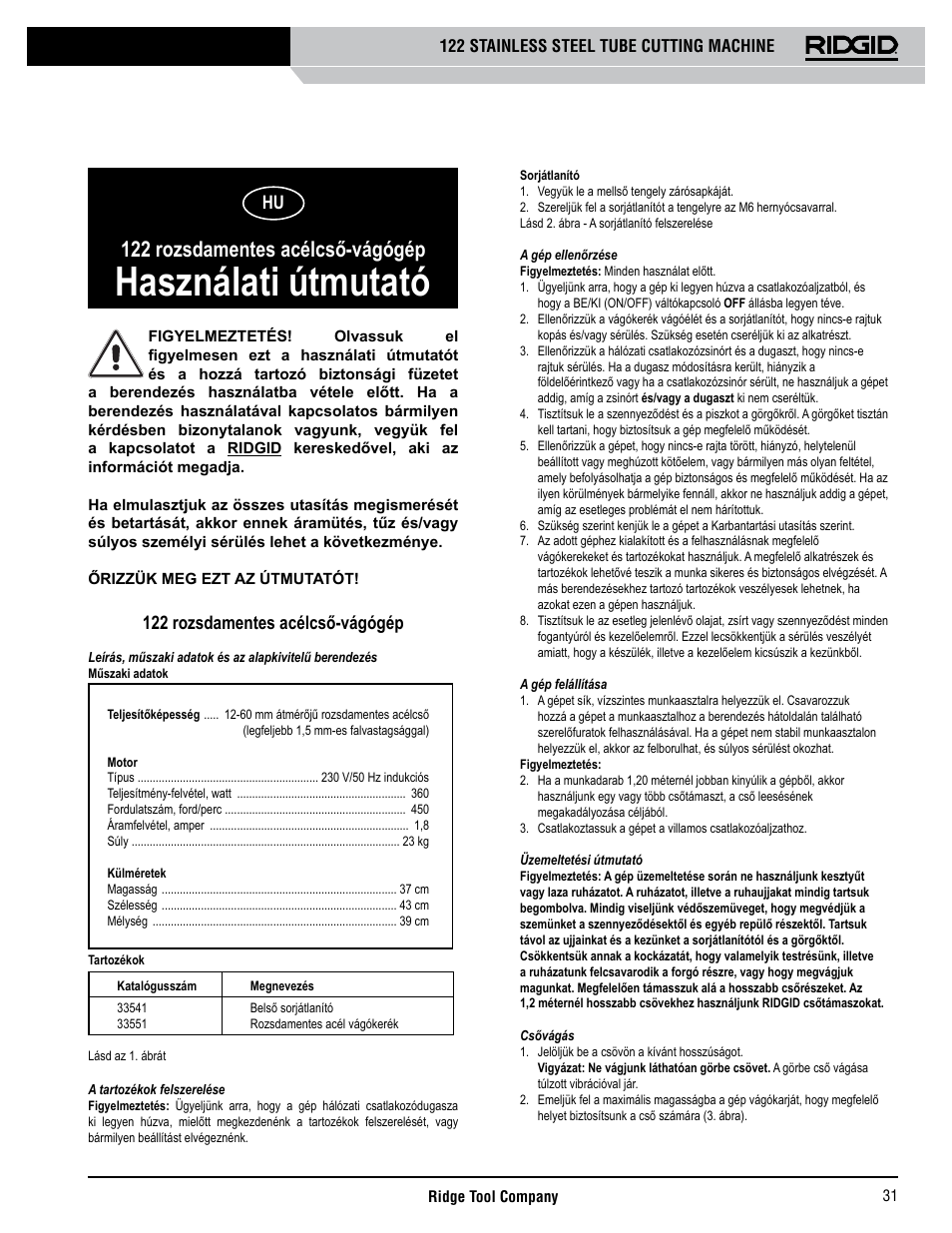 Használati útmutató, 122 rozsdamentes acélcső-vágógép | RIDGID 122 User Manual | Page 32 / 40