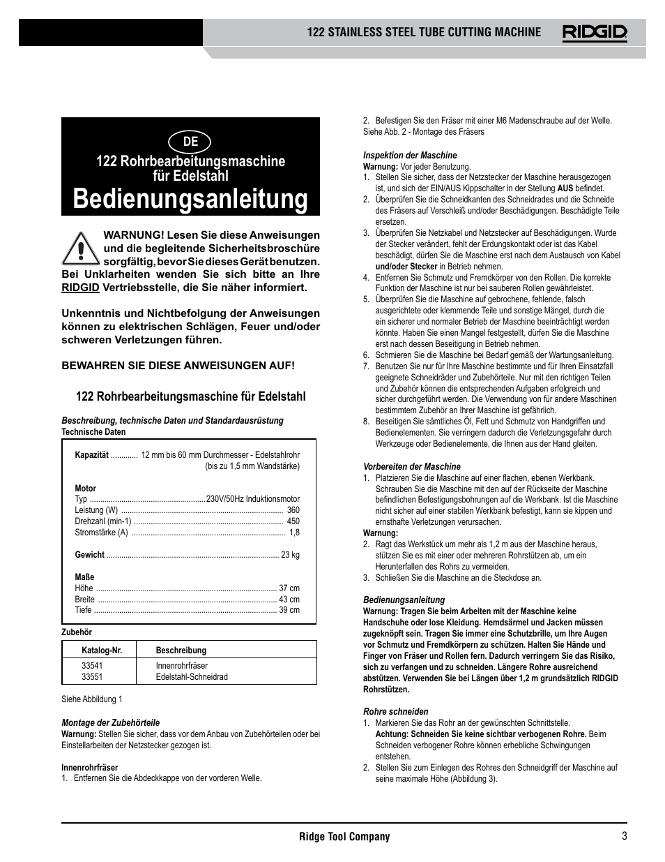 Bedienungsanleitung, 122 rohrbearbeitungsmaschine für edelstahl | RIDGID 122 User Manual | Page 4 / 40